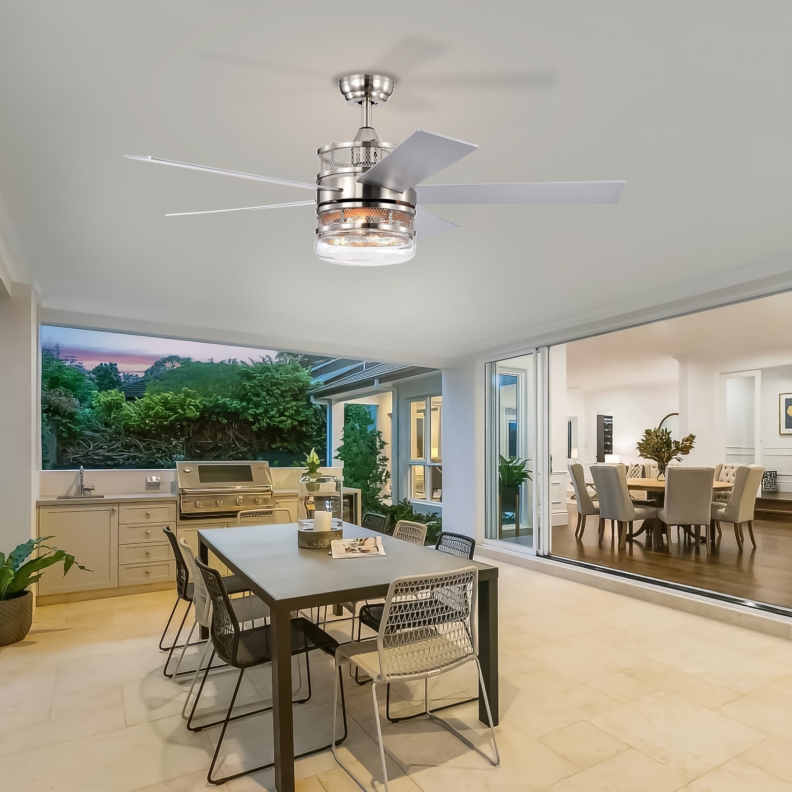 52 Inch 5 Blade Plywood Blades Ceiling Fan ,Dual Lamp Shade Ceiling Fan With Remote Control Optional Remote Satin Nickel Nickel American Design,American Traditional,Classic,Contemporary,Farmhouse Plywood Metal