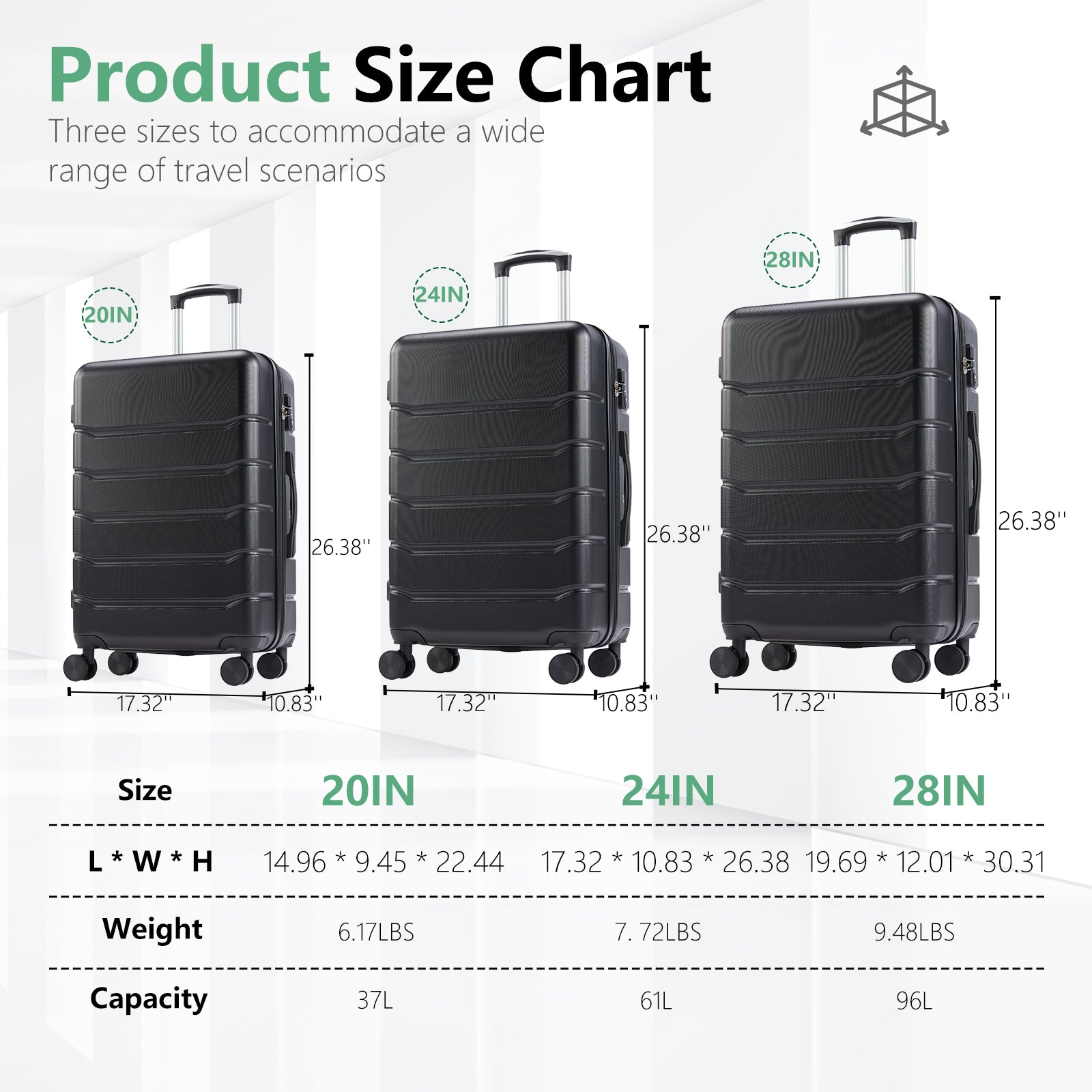 Hard Sided Expand Suitcase With Rotating Wheels, Tsa Lock, Retractable Handle, Black, 24" Black Iron Plastic