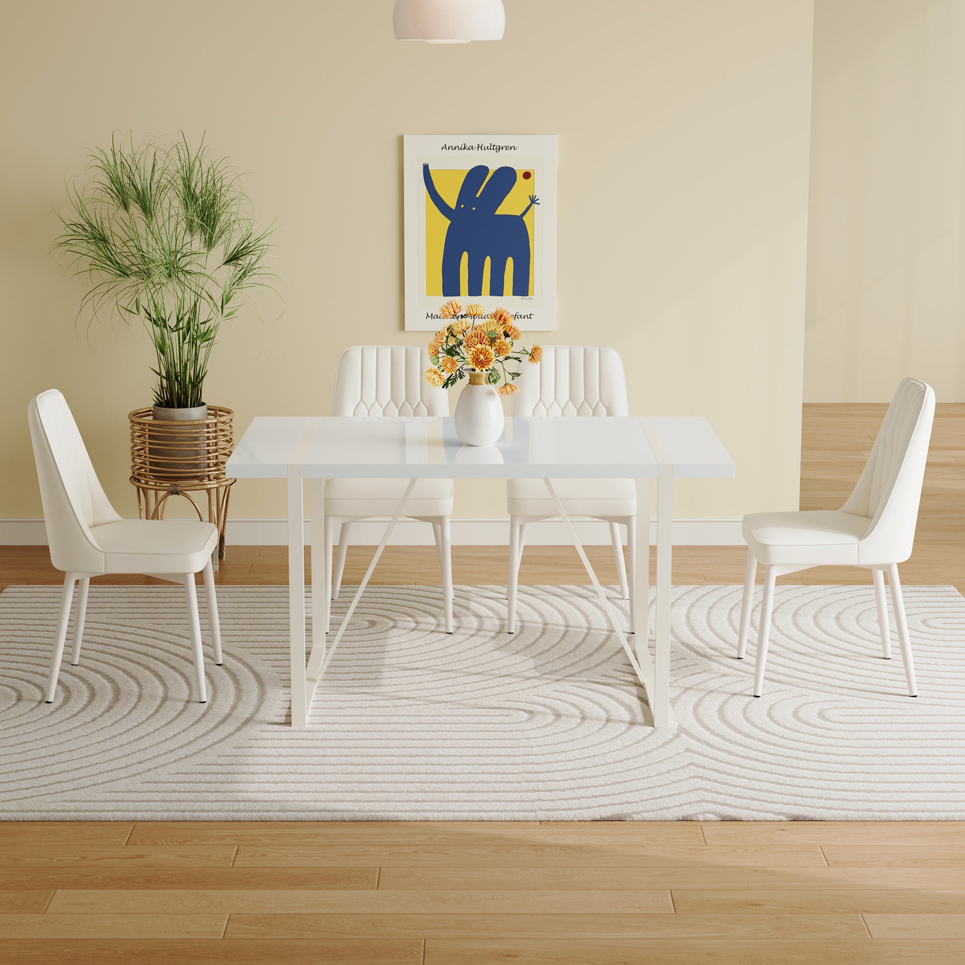 55"X31.5" Cream Style White Mdf Dining Table Set With 4 Armless Cream Style Chairs.Mdf Tabletop And Metal Frame Legs.Adding A Warm And Gentle Atmosphere To Your Family. White Seats 4 Mdf Metal