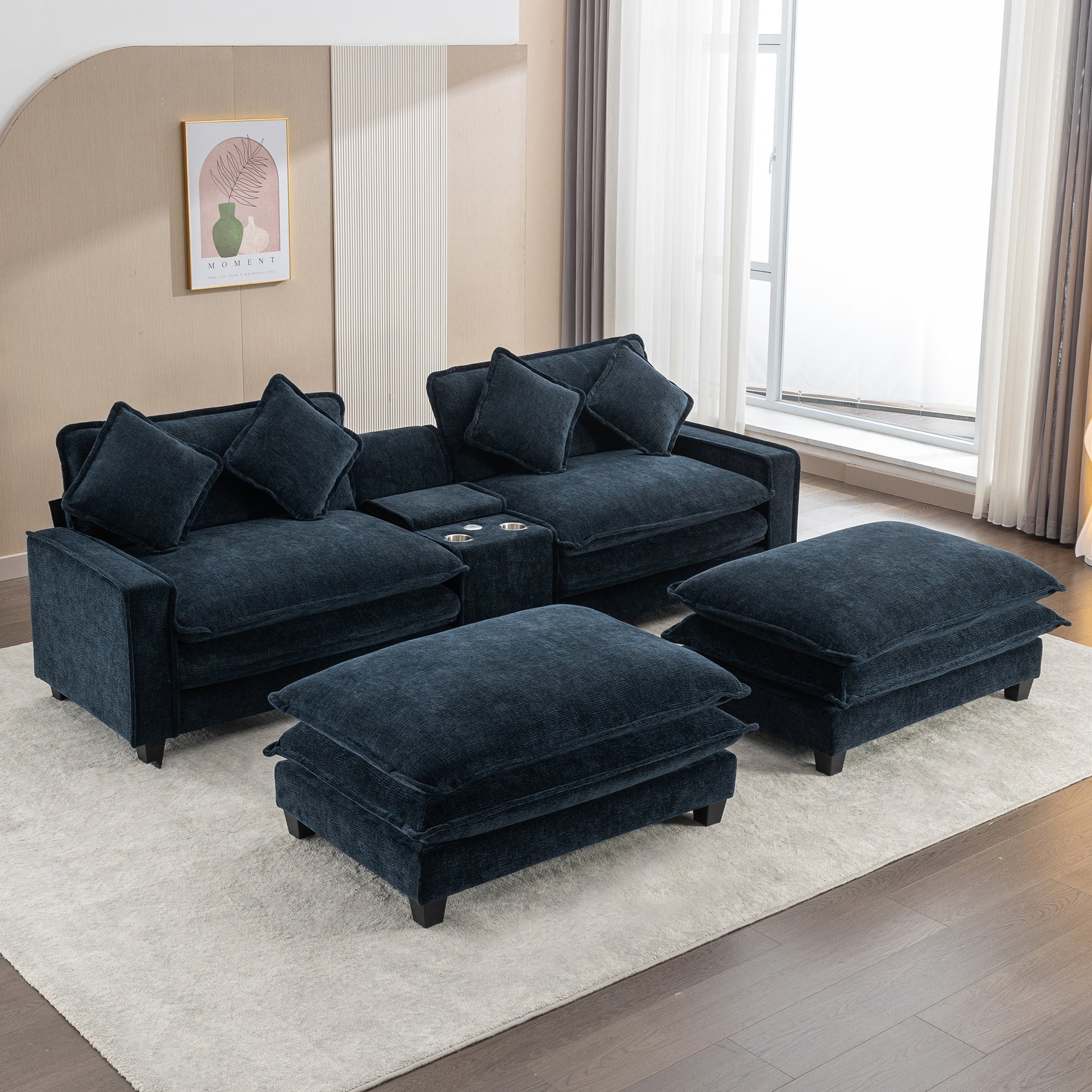 112.6" Sectional Sofa Chenille Upholstered Sofa With Two Removable Ottoman, Two Usb Ports, Two Cup Holders And Large Storage Box For Living Room, Blue Blue Foam Chenille 2 Seat