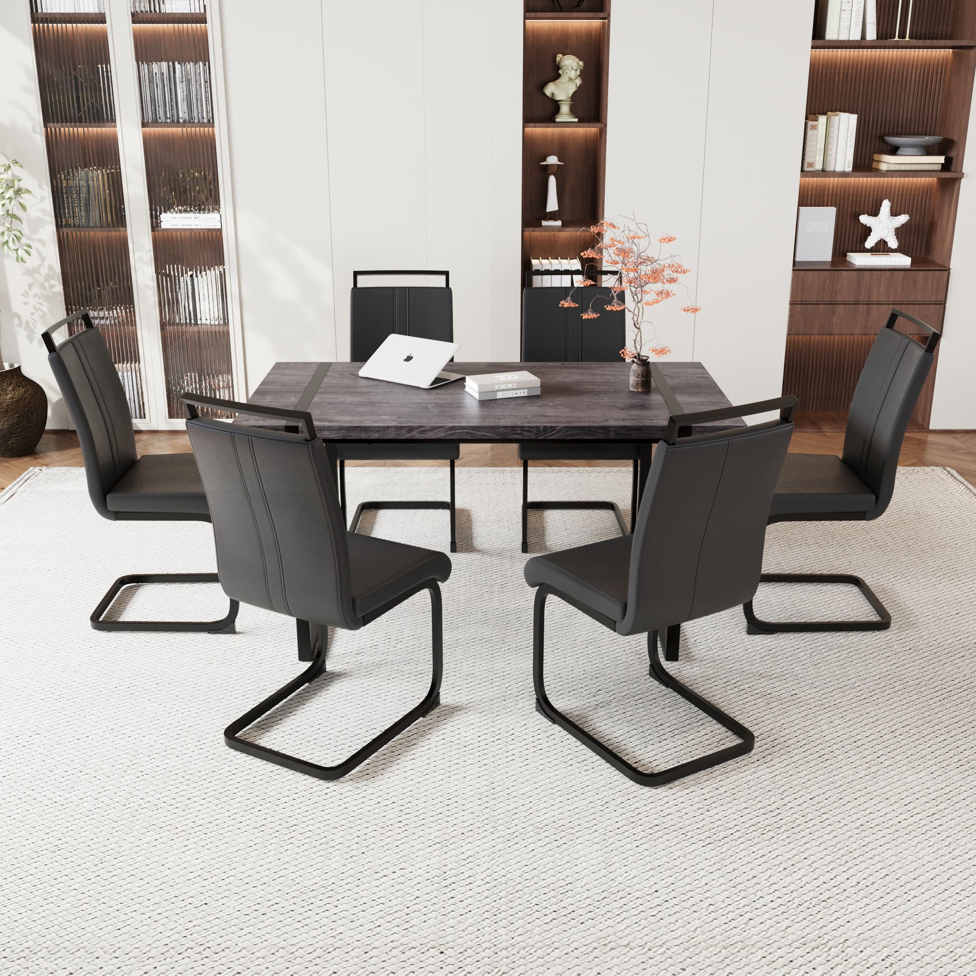 59 "Rural Industrial Rectangular Mdf Black Dining Table Set And Pu Armless Dining Chair Set, 6 Pieces. Kitchen Black Metal Table Leg Dining Chair Set Black Mdf