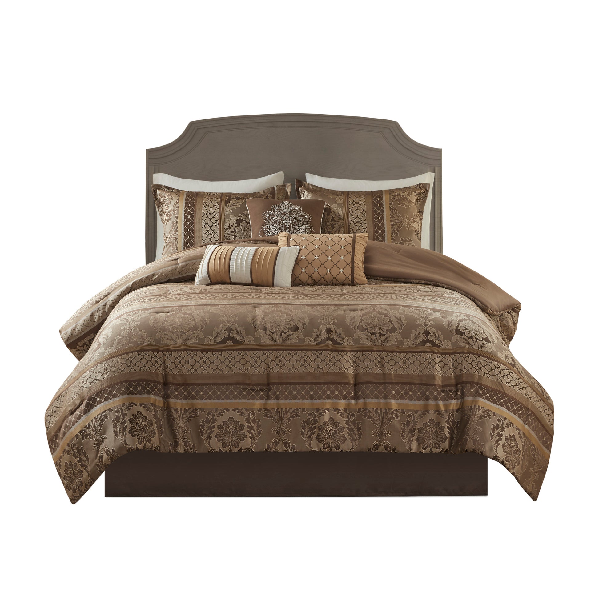 7 Piece Jacquard Comforter Set Brown Gold Queen Queen Brown Gold Polyester