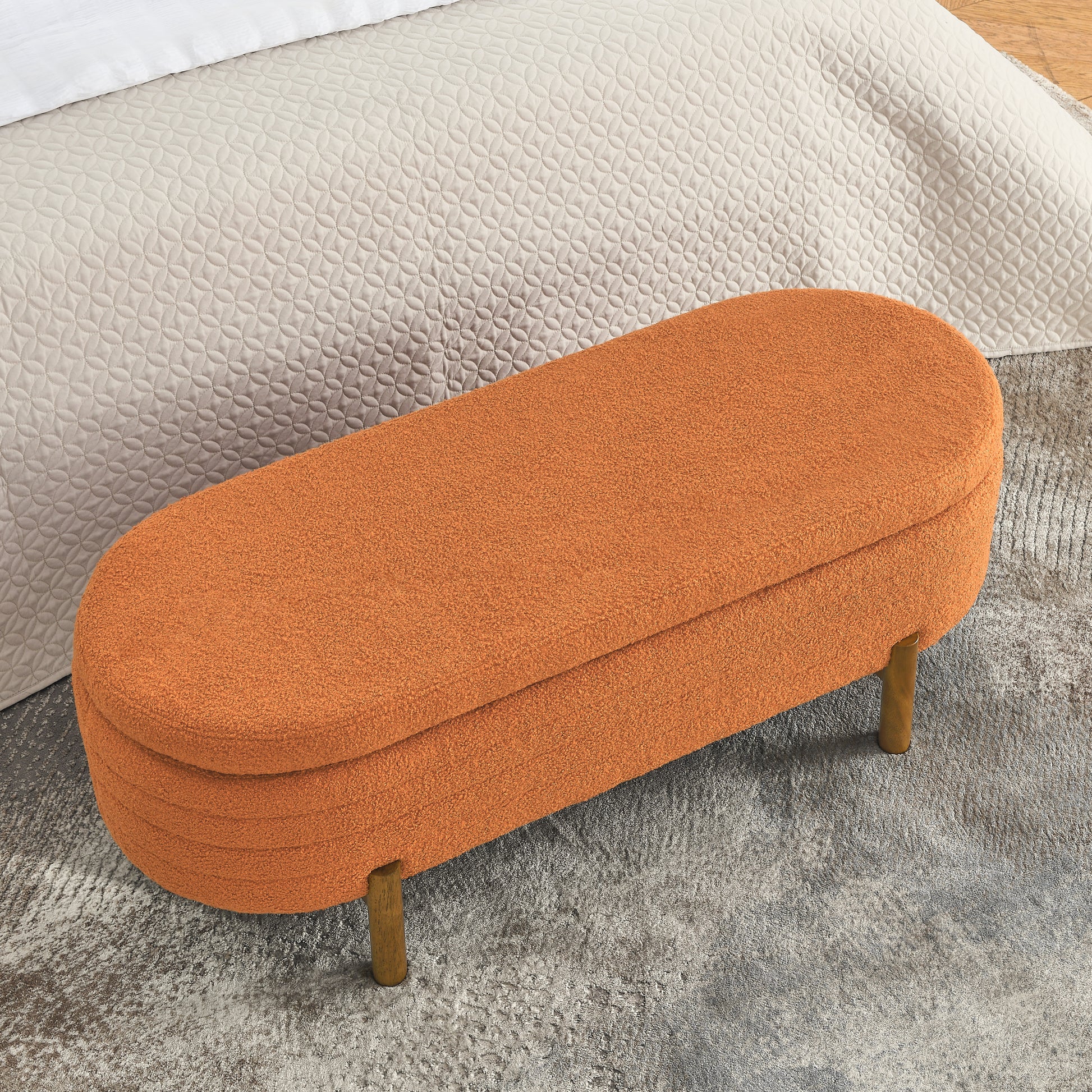 Ottoman Oval Storage Bench,Rubber Wood Leg,Orange 46."X17.7"X10.8" Orange Foam