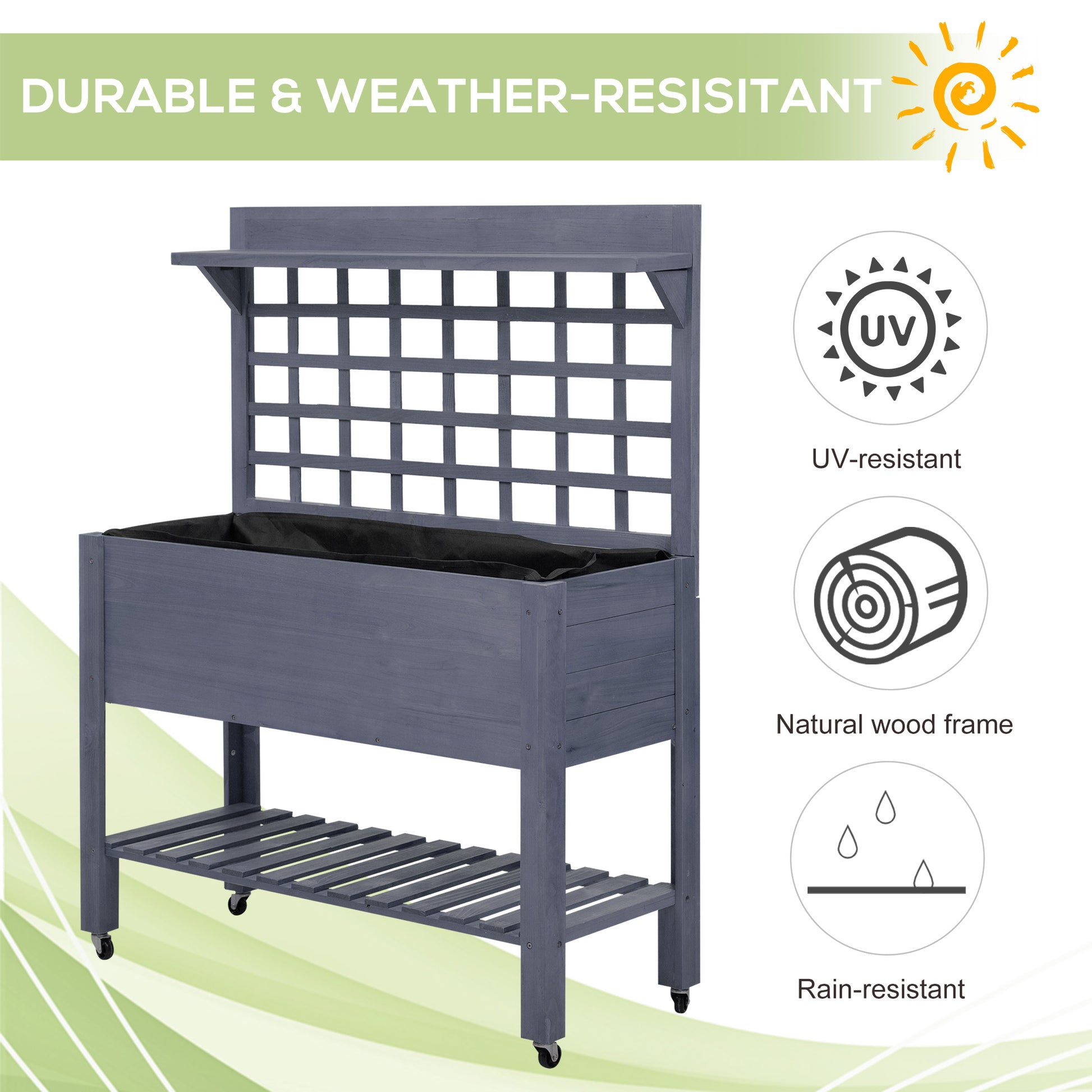 Outsunny 41" Raised Garden Bed With Trellis On Wheels, Wooden Elevated Planter Box With Legs And Bed Liner, For Flowers, Herbs & Vegetables, Gray Gray Wood