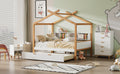 White Twin Size Wooden House Bed With Original Wood Colored Frame Twin Size Trundle And Bookshelf Storage Space For Children Or Guest Room Twin White Wood