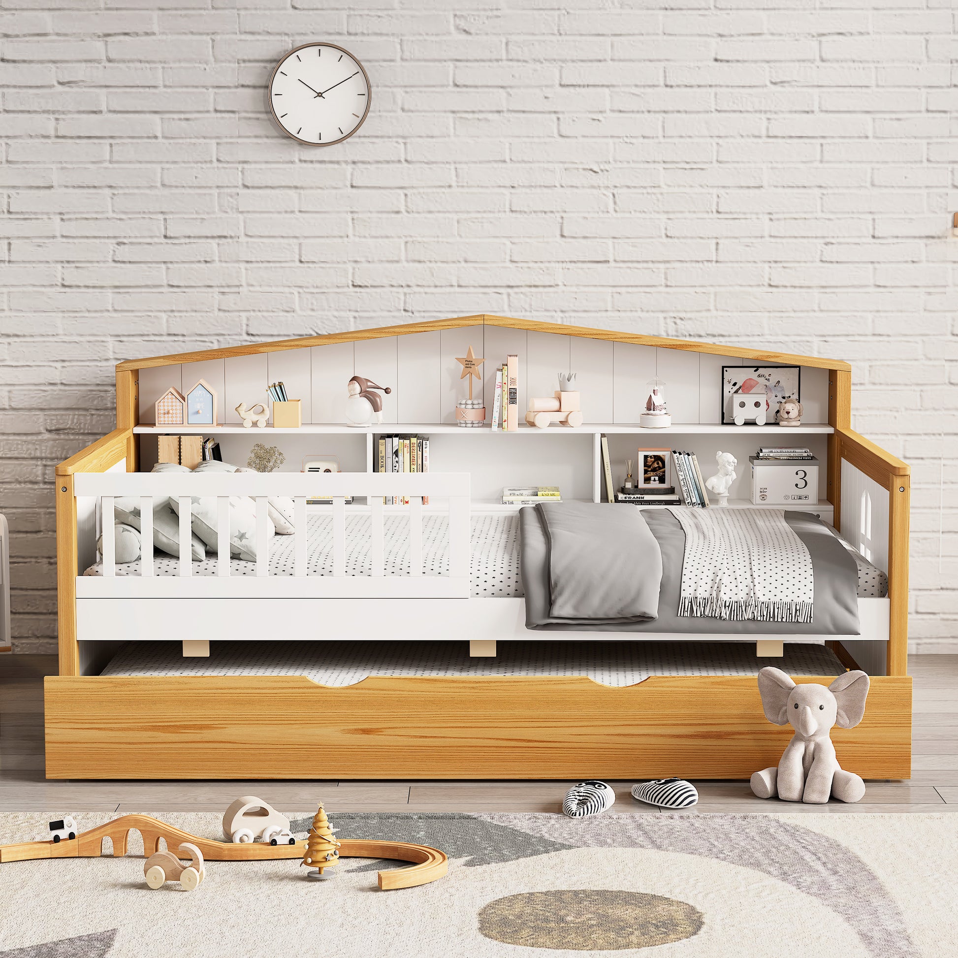 Twin Size House Shape Daybed With Trundle And Bookcase Headboard Wooden Bed For Girls Boys Teens, No Box Spring Needed, Walnut And White Box Spring Not Required Twin White Walnut Wood Bedroom Cute Pine Bed Frame Wood