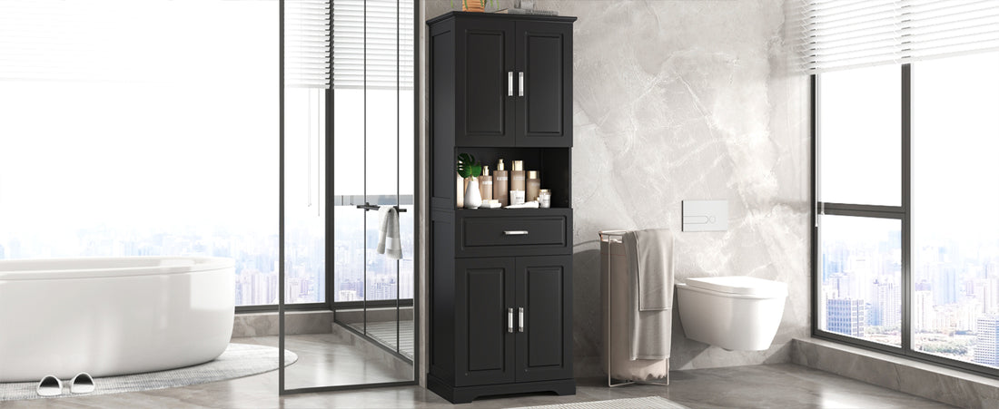 Tall Bathroom Cabinet With Four Doors, Large Storage Space Open Shelve, Upper Storage Cabinet, Black Black Mdf