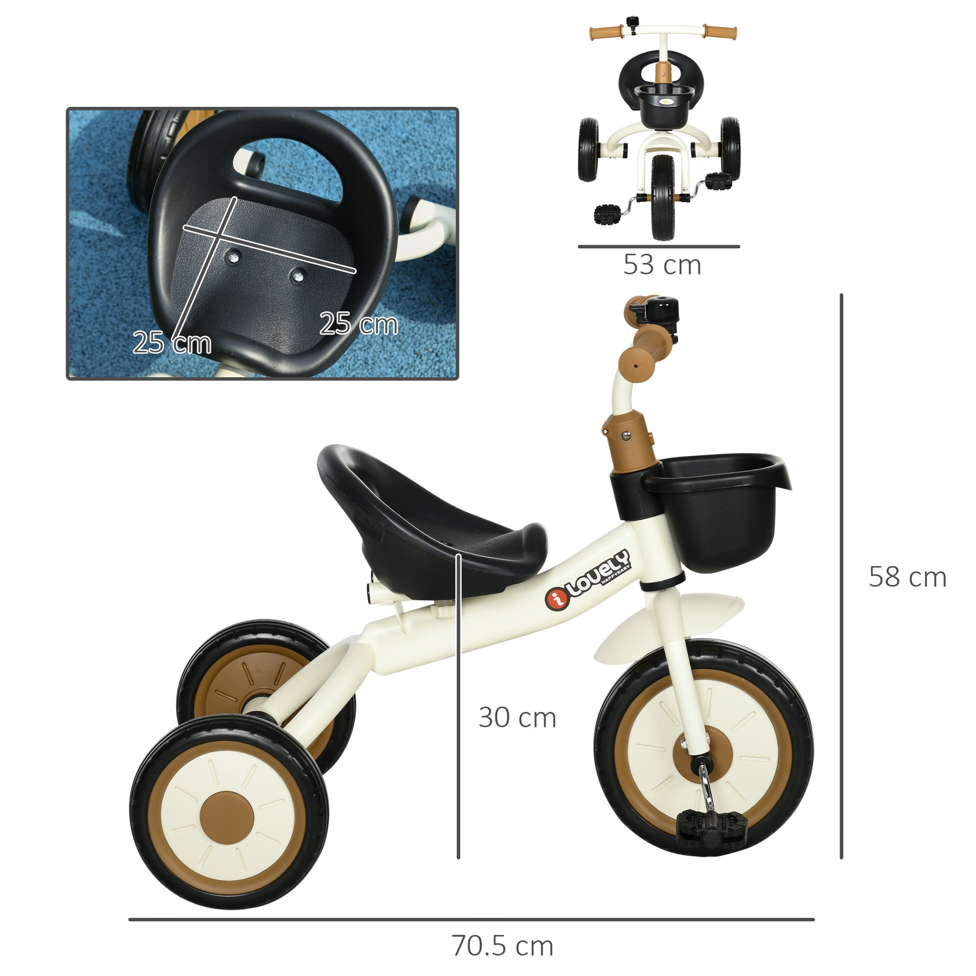 Qaba Kids Tricycle For Toddlers Age 2 5 With Adjustable Seat, Toddler Bike For Children With Basket, Bell, Handlebar Grips, White White Metal