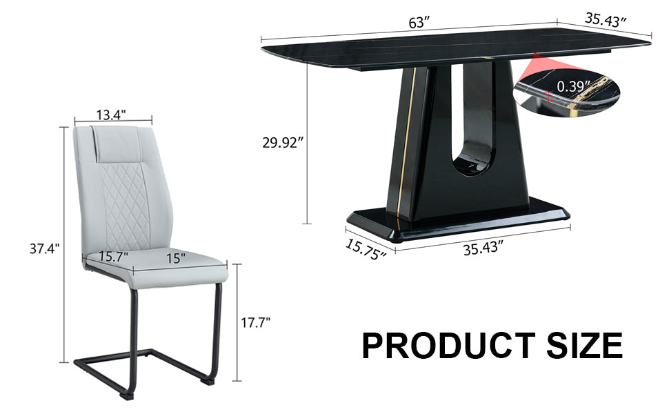 Table And Chair Set, Minimalist Dining Table, Imitation Marble Patterned Glass Tabletop, Mdf Legs With U Shaped Brackets. Paired With Comfortable Chairs, Suitable For Dining And Living Rooms. Black Mdf Glass