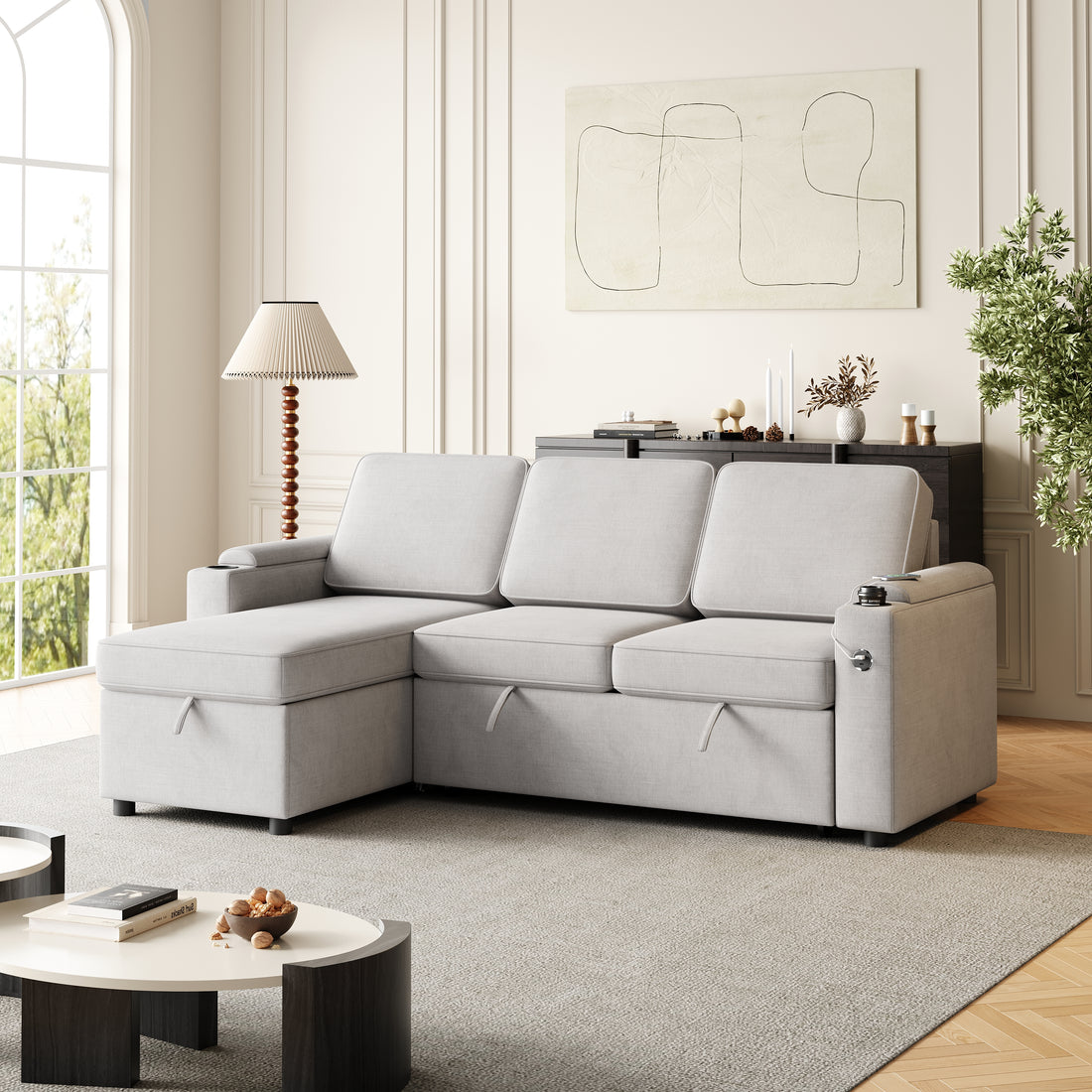 Mh85.8" Sleeper Sofa, Sofa Bed 2 In 1 Pull Out Sofa Bed With Storage Sofa, Sofa Sleeper With Pull Out Bed With Charging Port Light Grey Polyester Primary Living Space Eucalyptus Polyester Fabric 3