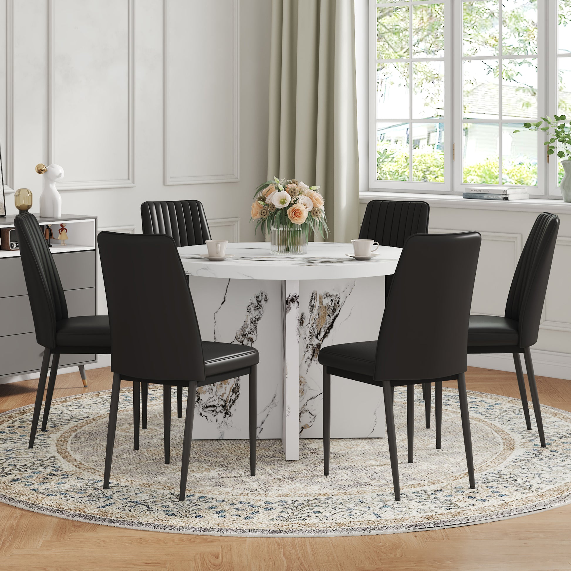 7 Piece Round Dining Table Set, 42 Inch Modern Round Table And 6 Upholstered Chairs For Dining Room, Kitchen Room, Living Room, Easy Assembly Metal White Black 42 Inches Modern Pedestal Round Mdf