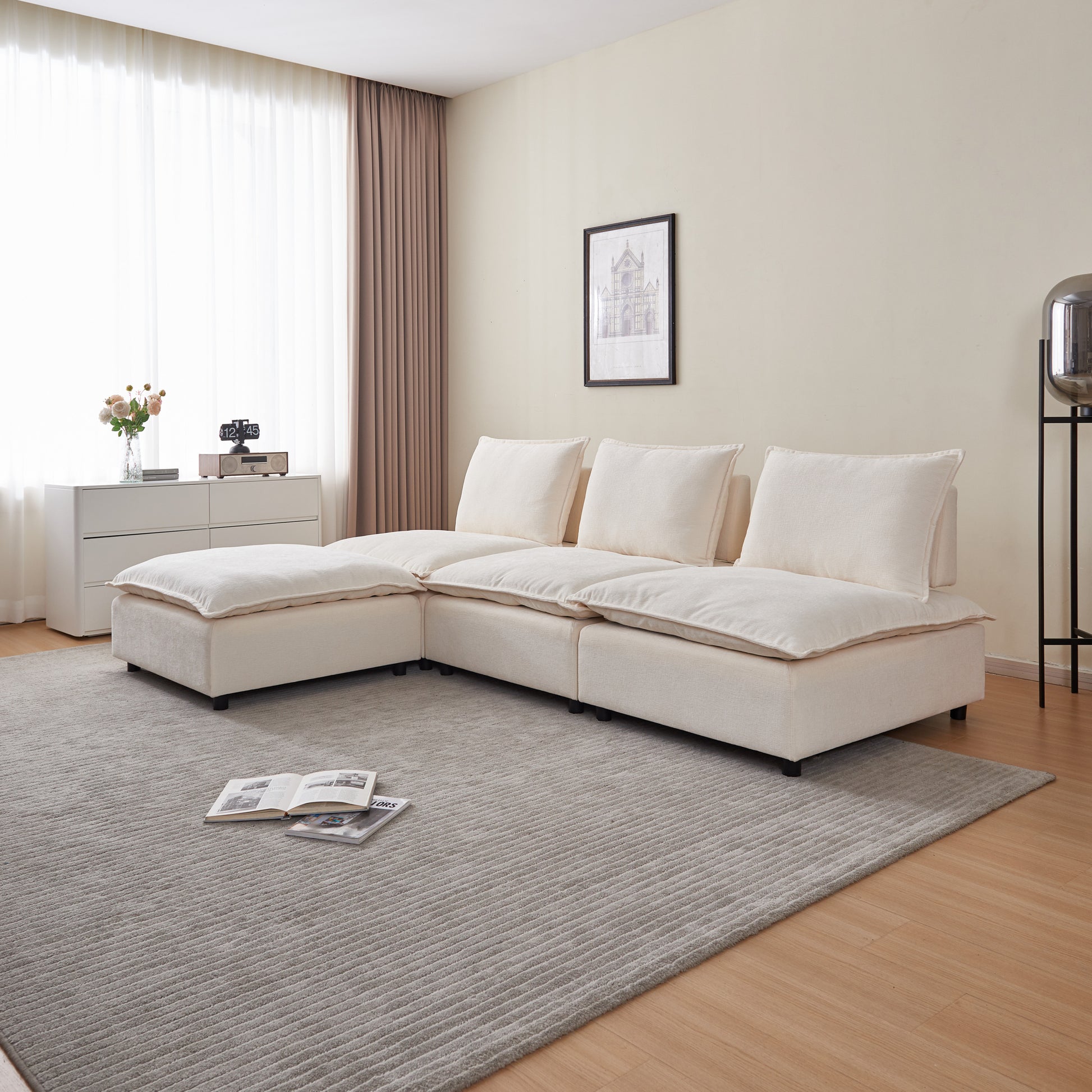Modern Armless L Shaped Sectional Sofa Couch With Ottoman Modular Design, Durable Construction, Easy Care Upholstery For Living Room, Apartment, Office, Small Space Beige Foam Chenille 4 Seat