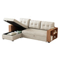 Upholstered Pull Out Sectional Sofa With Storage Chaise, Convertible Corner Couch, Beige Wooden Handrail Beige Wood Medium Soft Pillow Back Modern Square Arms Linen 3 Seat