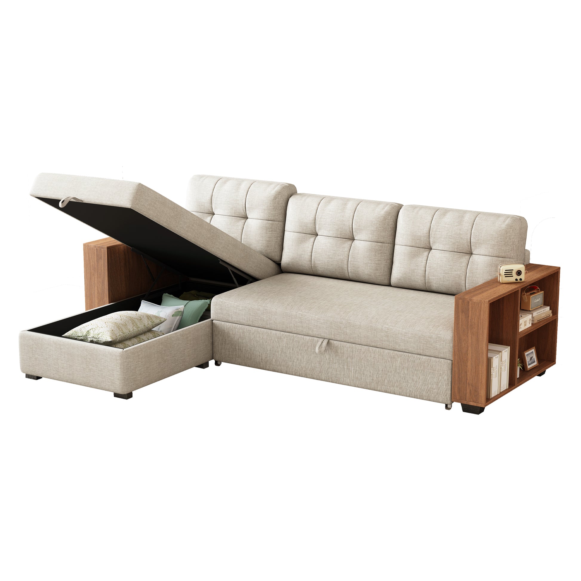 Upholstered Pull Out Sectional Sofa With Storage Chaise, Convertible Corner Couch, Beige Wooden Handrail Beige Wood Medium Soft Pillow Back Modern Square Arms Linen 3 Seat