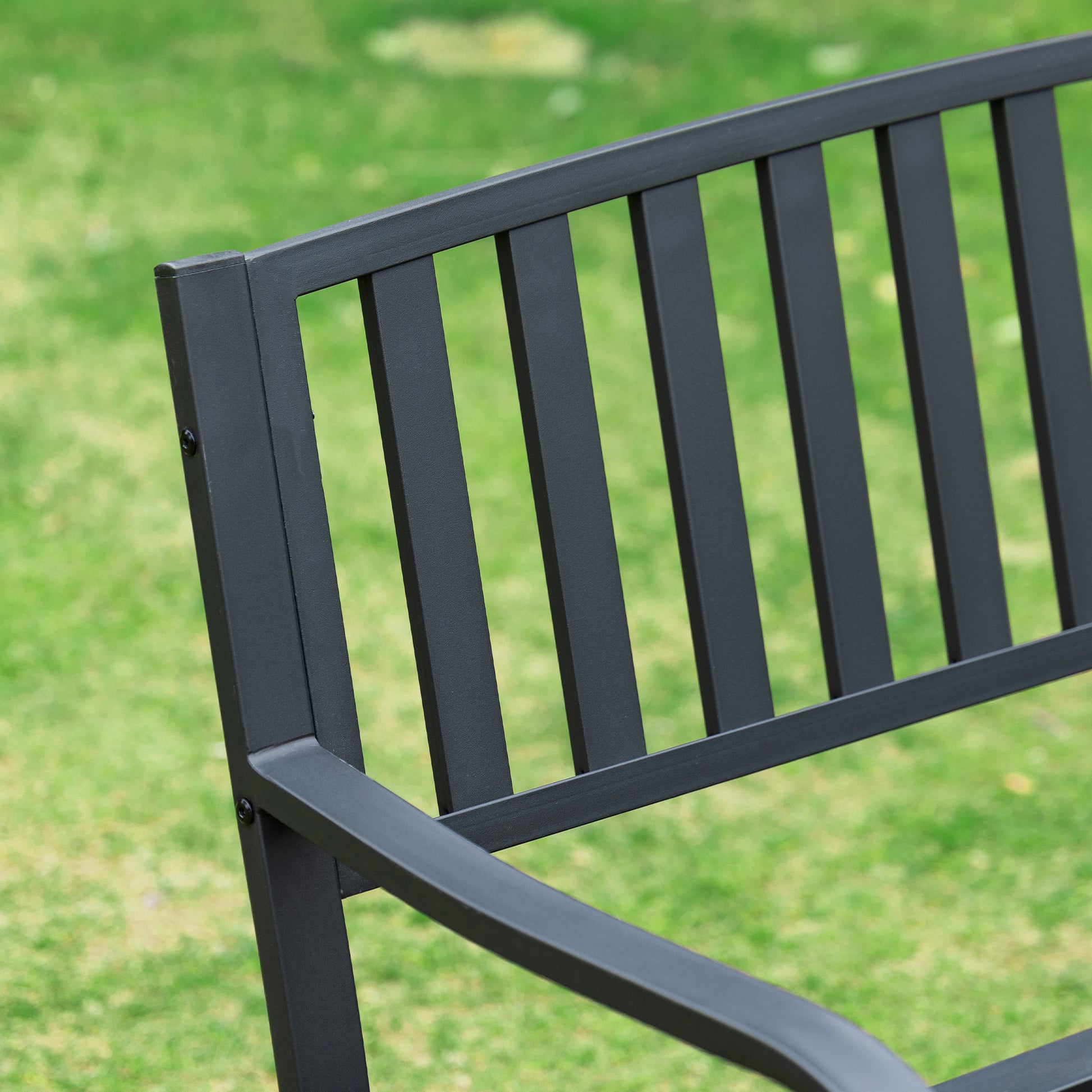 Outsunny Outdoor Glider Bench, Glider Bench For Outside Patio With Armrests, Slatted Seat & Backrest, Loveseat With Power Coated Steel Frame, Black Black Steel
