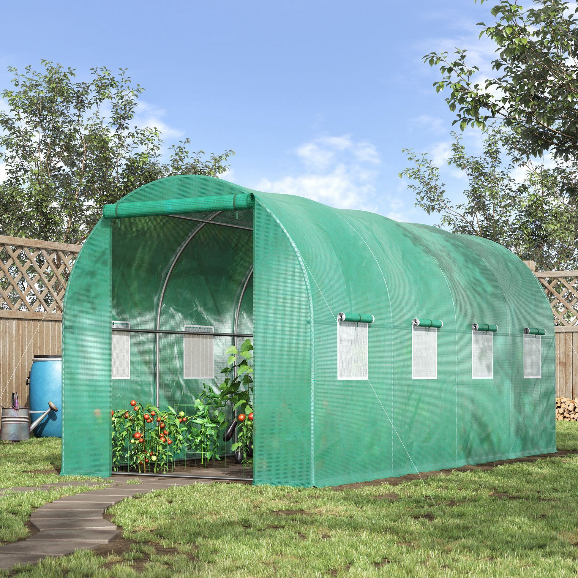 Outsunny 15' X 7' X 6.5' Walk In Tunnel Hoop Greenhouse, Green House With Polyethylene Pe Cover, Steel Frame, Roll Up Zipper Door & Windows For Flowers, Vegetables, Tropical Plants, Green Green Steel