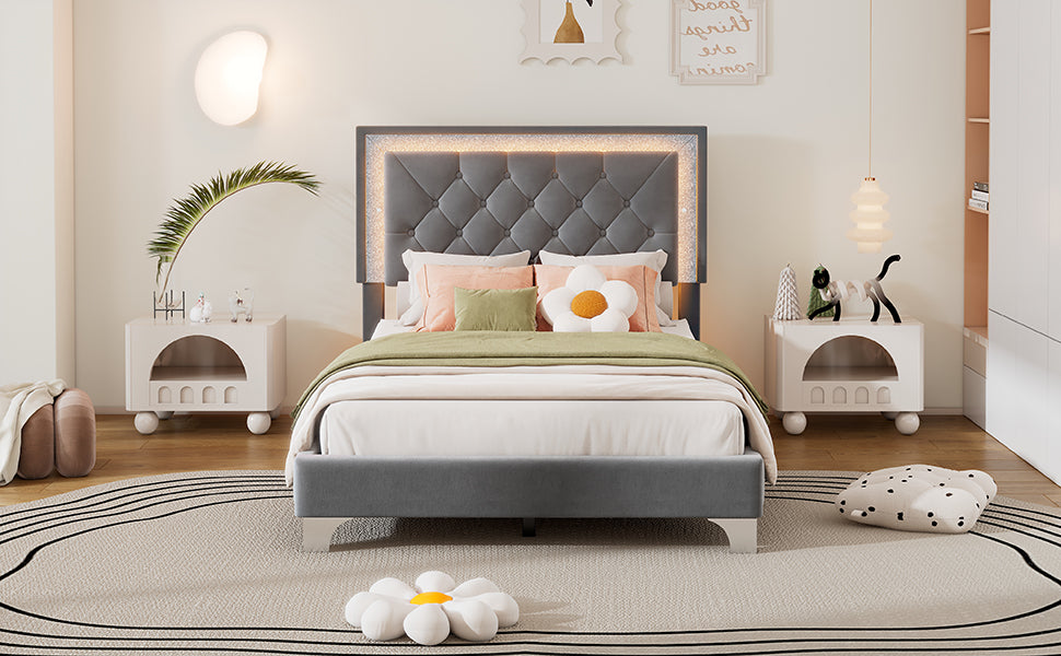 Twin Size Upholstered Bed Frame With Led Lights,Modern Velvet Platform Bed With Tufted Headboard,Grey Twin Grey Velvet