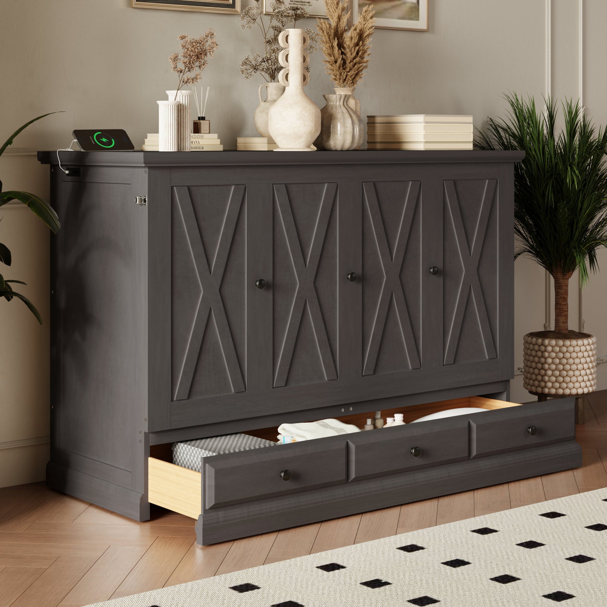 Solid Pine Murphy Bed Chest Cube Cabinet Bed With Charging Station And Large Storage Drawer For Home Office Or Small Room,Full,Gray Box Spring Not Required Full Gray Wood Gray Pine Murphy Solid Wood Mdf