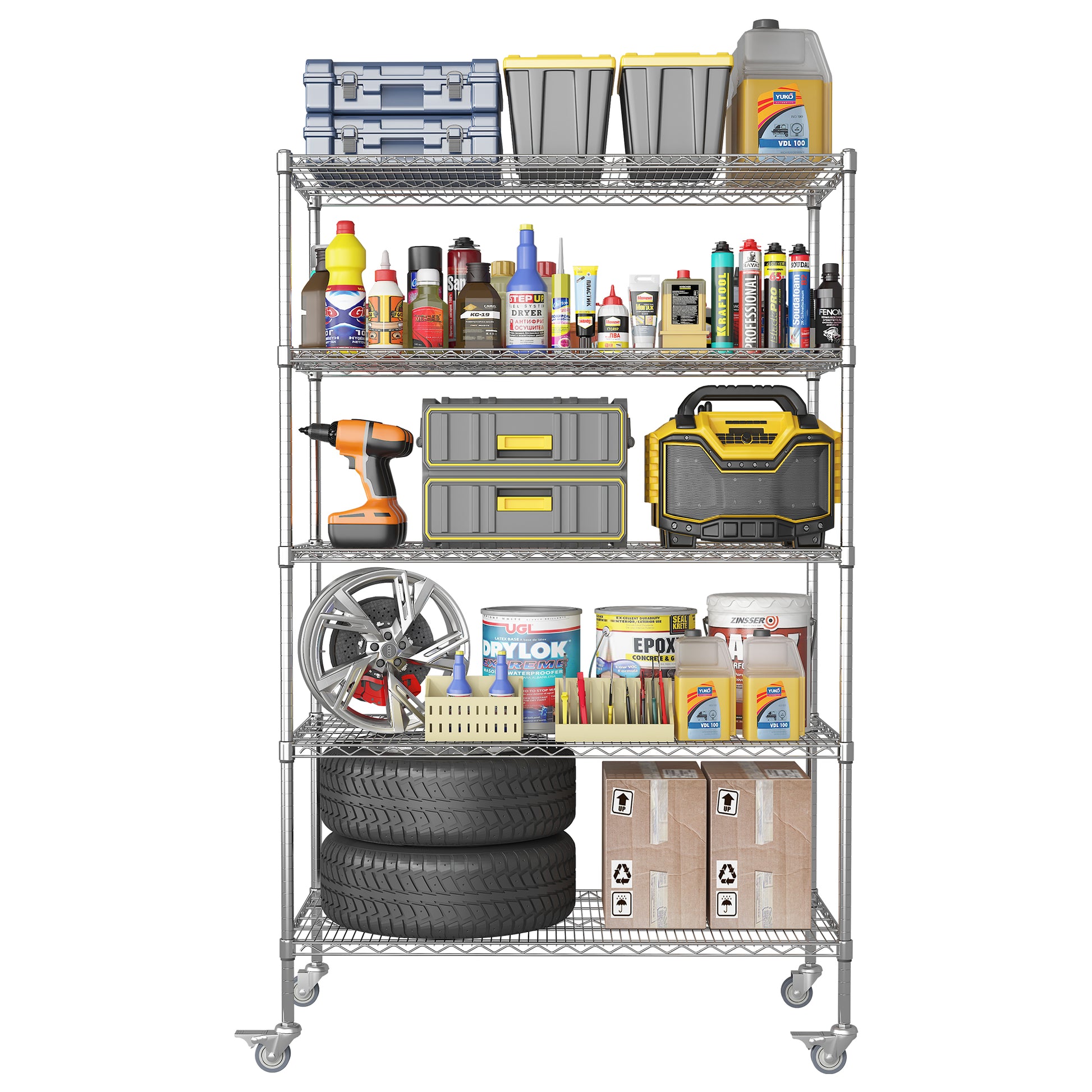 72" H Metal Large Storage Shelves With Wheels, Metal Shelving With Chrome, Adjustable 5 Tier Sturdy Metal Shelves For Storage Shelving,Kitchen,Garage 5 Silver Primary Living Space Metal Modern