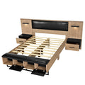 Queen Size Wood Platform Bed With Upholstered Headboard, Lights And Storage Nightstand, Bench, Walnut Box Spring Not Required Queen Walnut Wood Bedroom Bed Frame Faux Leather Solid Wood Mdf