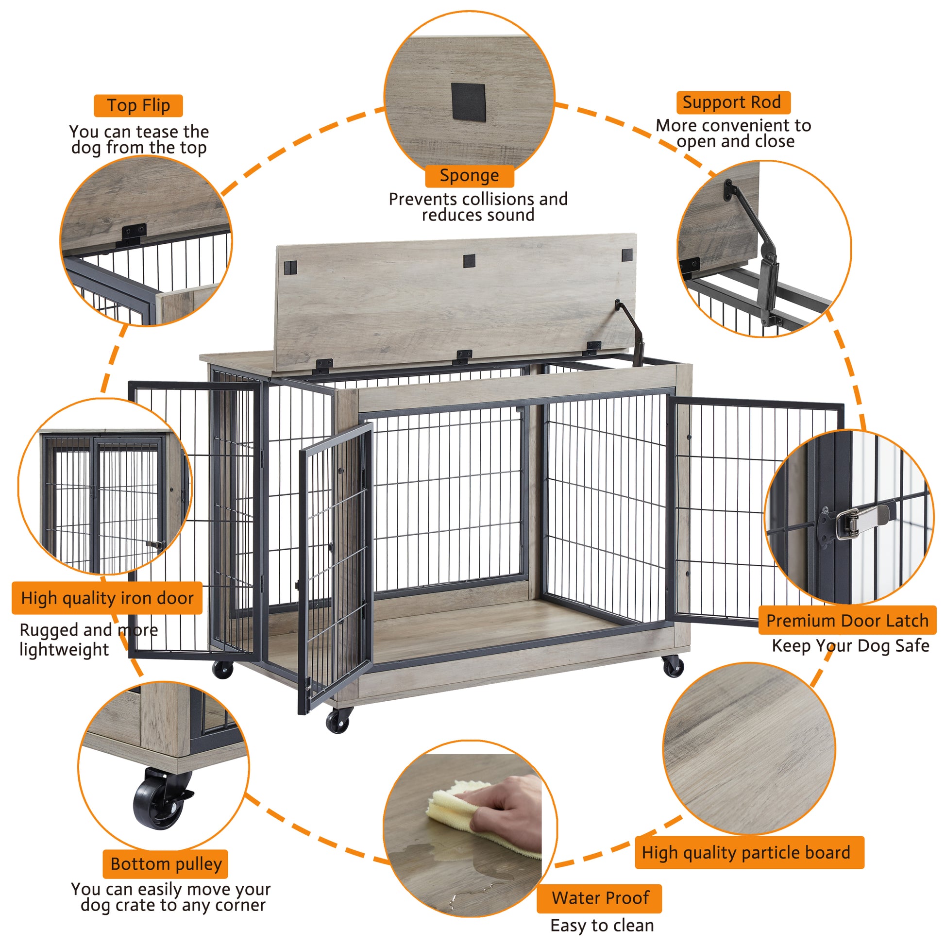 Furniture Style Dog Crate Side Table On Wheels With Double Doors And Lift Top.Grey,38.58''W X 25.5''D X 27.36''H. Grey Particle Board