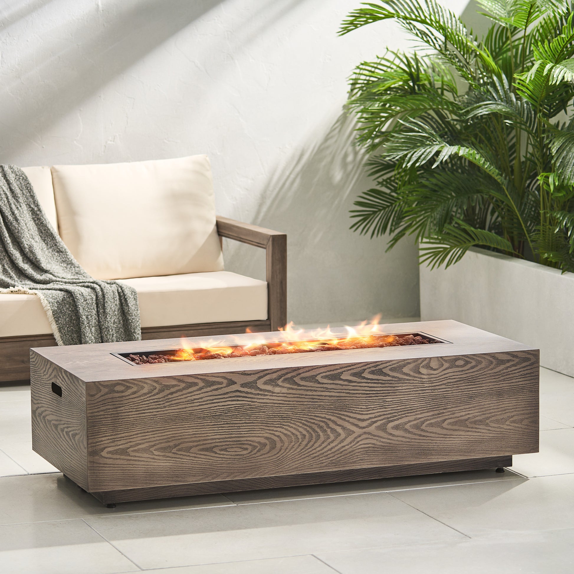 56" Outdoor 50,000 Btu Rectangular Iron Propane Fire Pit, Brown Wood Pattern Tank Cover Not Included Wood Iron