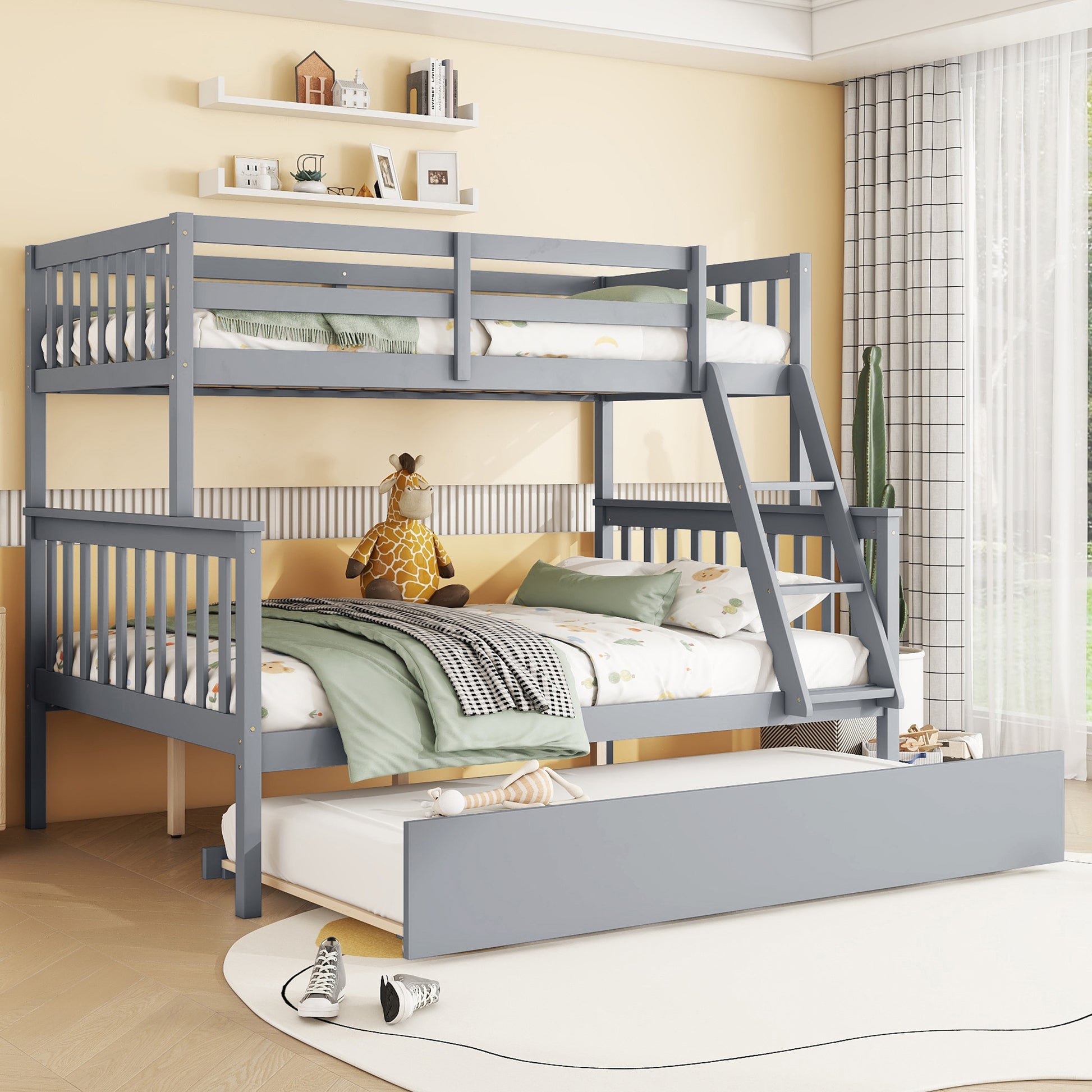 Twin Over Full Rubber Wood Bunk Bed With Trundle, Convertible Ladder And Guardrail, Detachable, Convertible Bed, With Twin Size Trundle ,Grey Twin Grey Rubber Wood