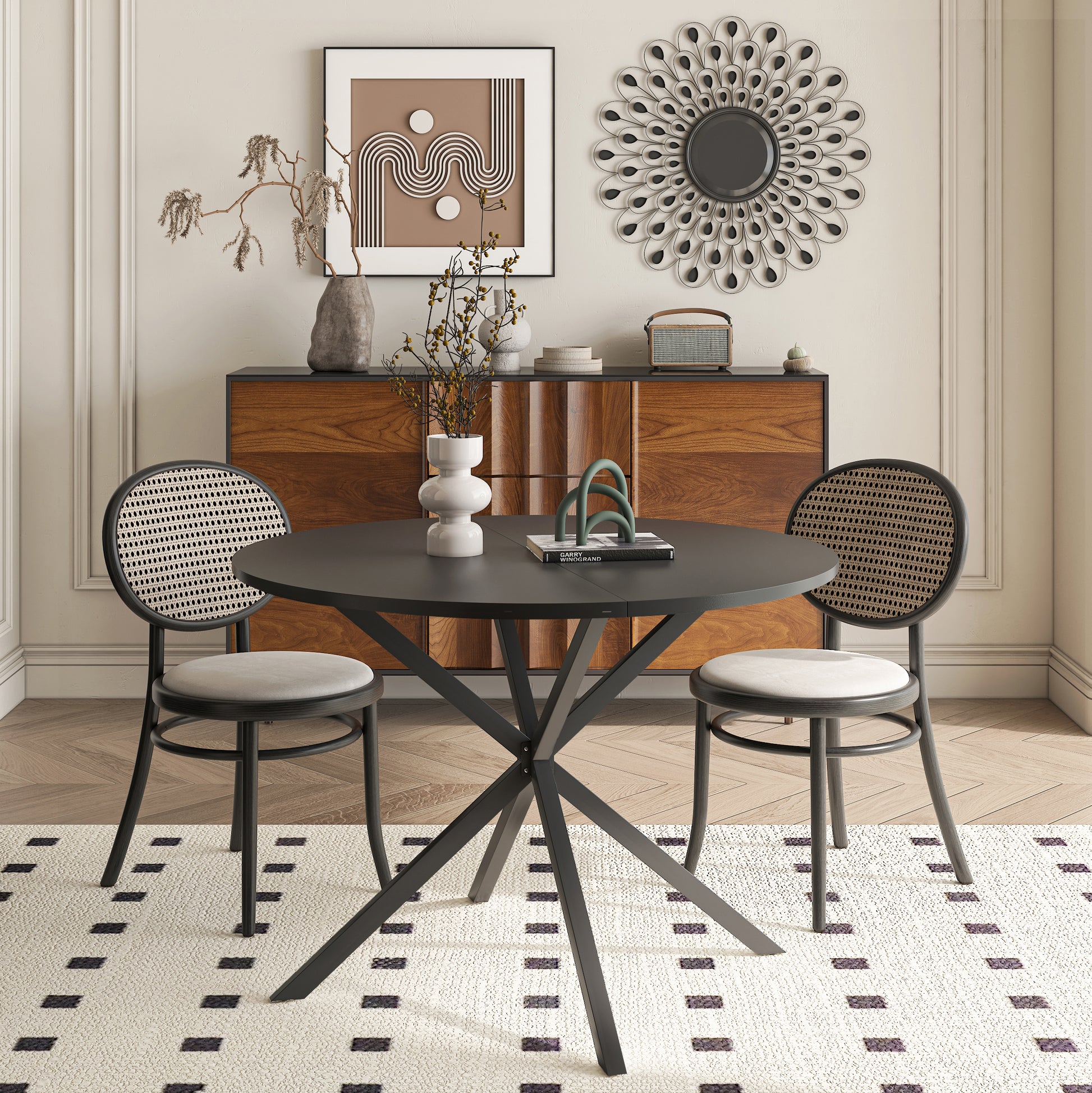 42.13'' Modern Cross Leg Round Dining Table, Black Top Occasional Table, Two Piece Removable Top, Matte Finish Iron Legs Black Mdf Metal