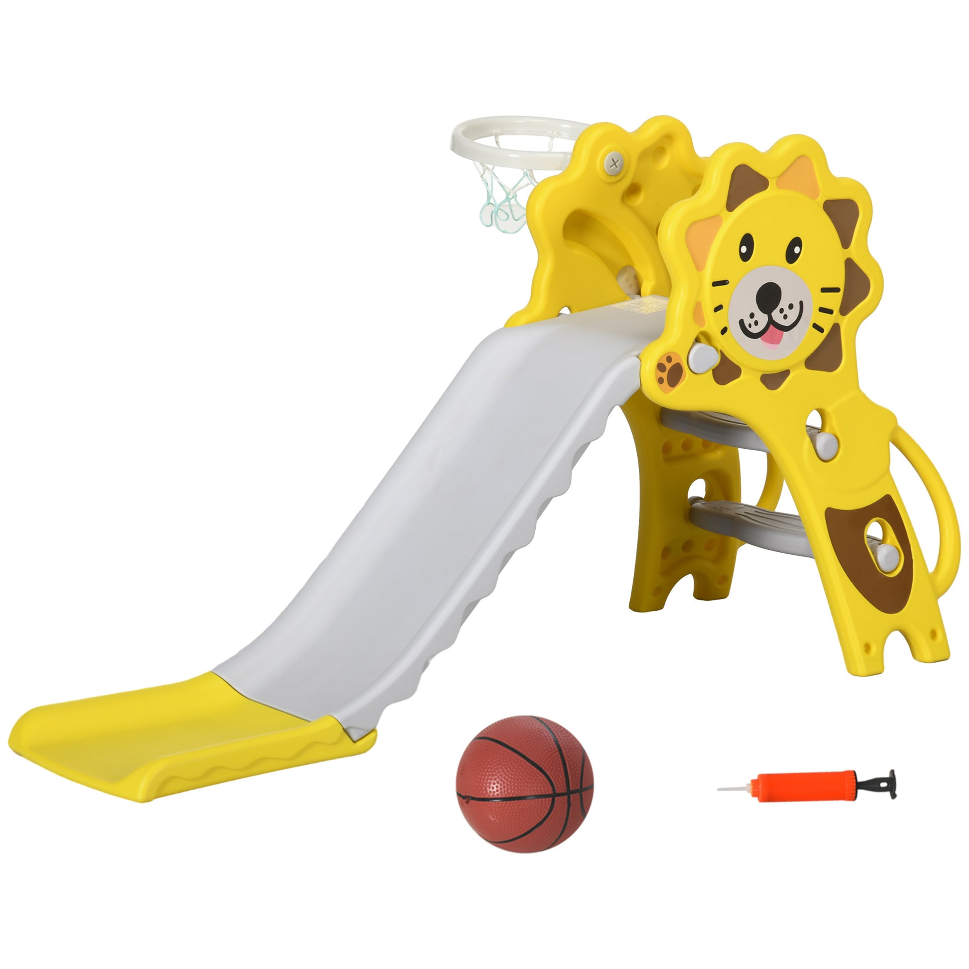 Qaba 2 In 1 Toddler Slide For Indoors, Toy For Toddler, Easy Set Up Baby Slide With Basketball Hoop For Kids 18 36 Months, Yellow Yellow Plastic