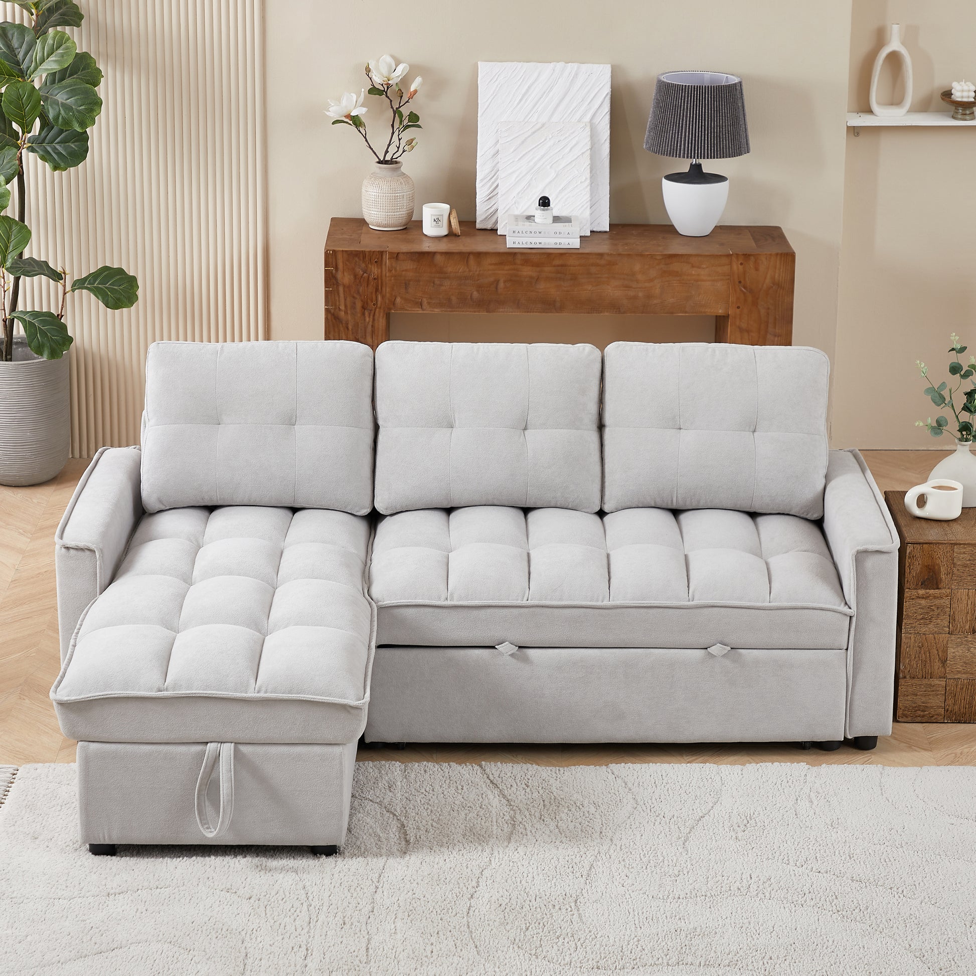 Mh 78.75" Reclining Sofa, Pull Out Sofa Bed With Usb And Tape C Charging Ports, L Shaped Sectional Sofa With Reclining Storage And Arm Side Organizer Pocket Features, Living Room Comfort Sofa Light Grey Chenille Wood Primary Living Space Eucalyptus Foam