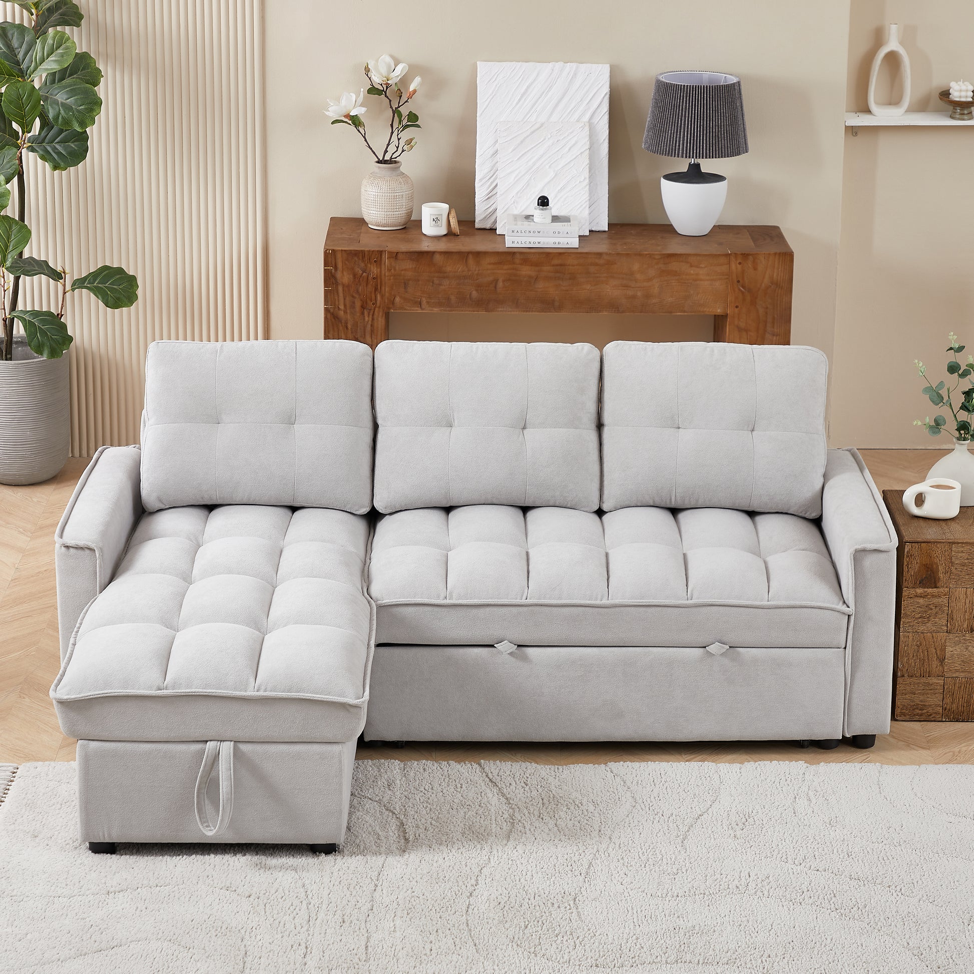 Mh 78.75" Reclining Sofa, Pull Out Sofa Bed With Usb And Tape C Charging Ports, L Shaped Sectional Sofa With Reclining Storage And Arm Side Organizer Pocket Features, Living Room Comfort Sofa Light