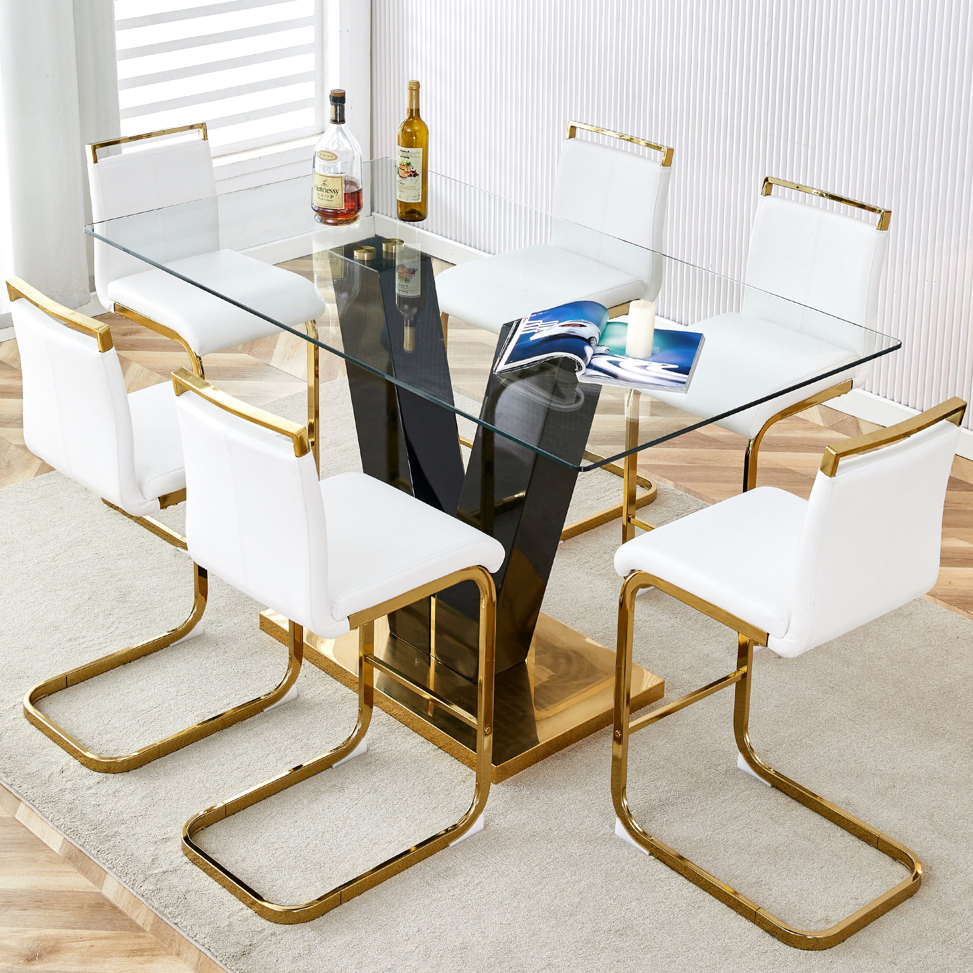 Table And Chair Set,Clear Tempered Glass And Black Legs Of The Table, Pu And Gold Legs Of The Chair White Black Seats 6 Tempered Glass