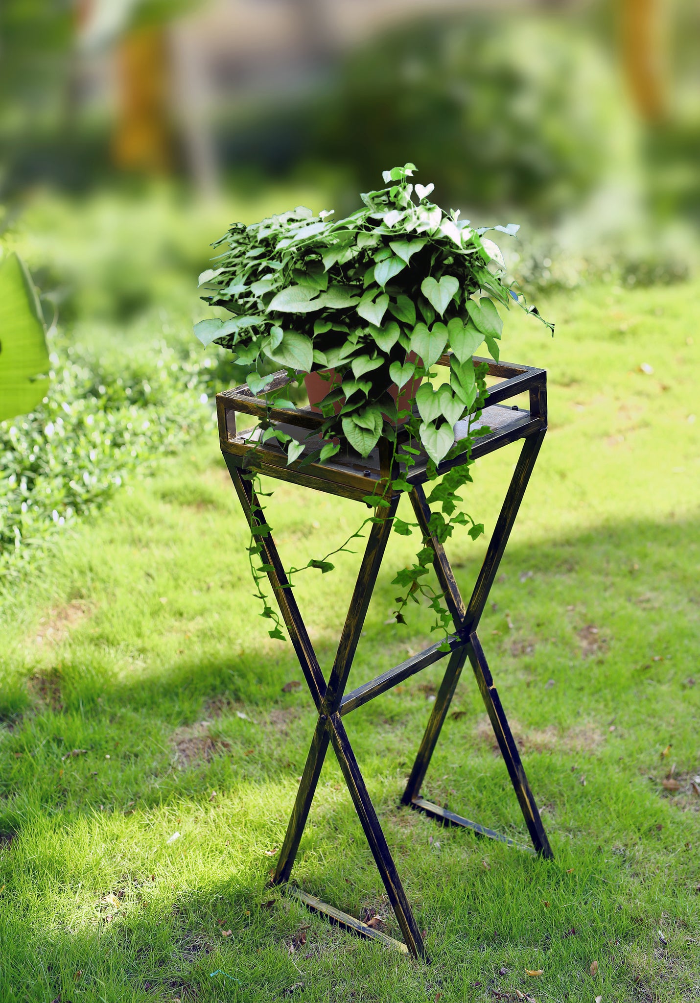 35.5" Gray Stone Slab Black Gold Metal Plant Stand Multicolor Metal