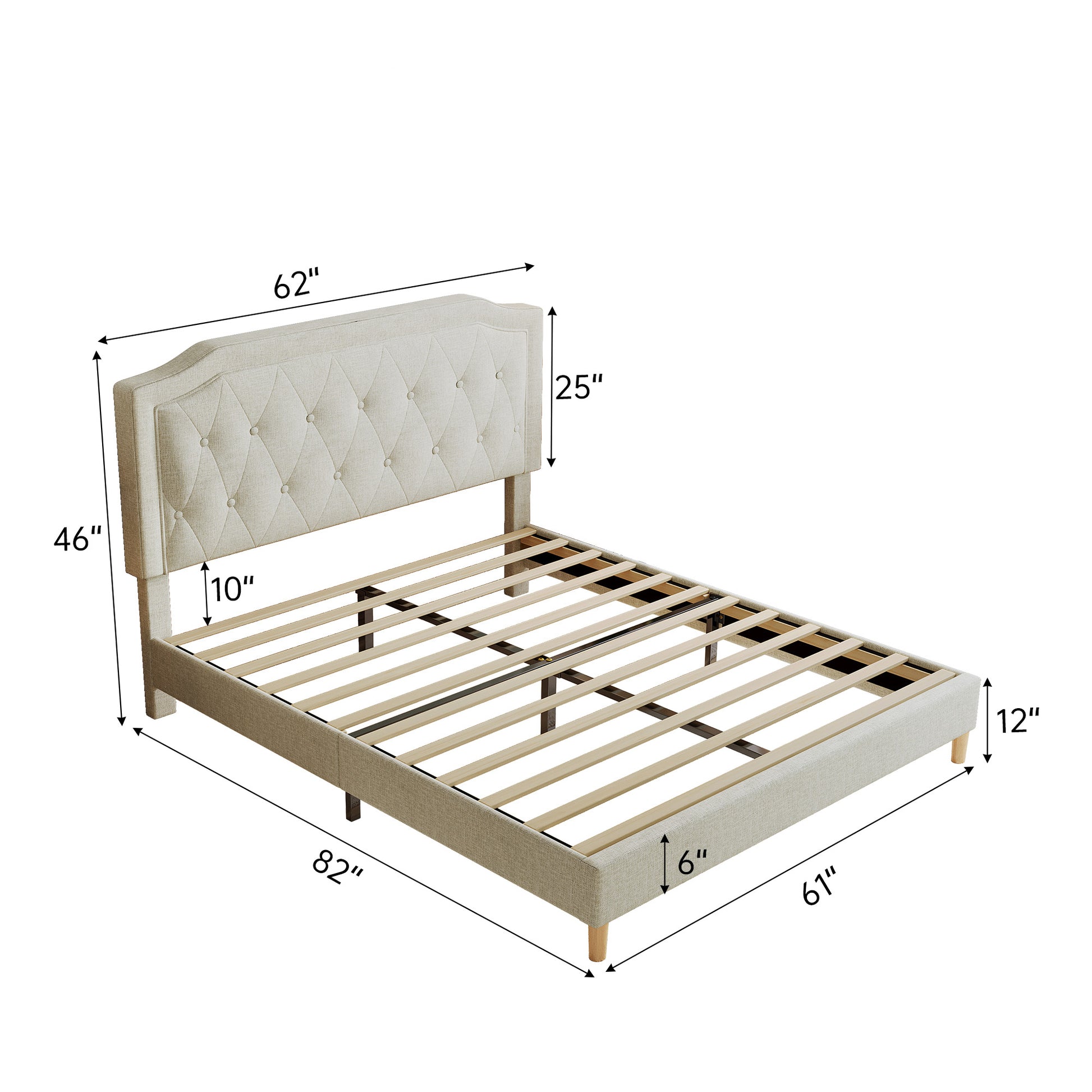 Queen Size, Cotton Linen Fabric, Mesh Mounted Bed, Stable, Easy To Assemble, Light Grey Queen Light Gray Mdf Acacia