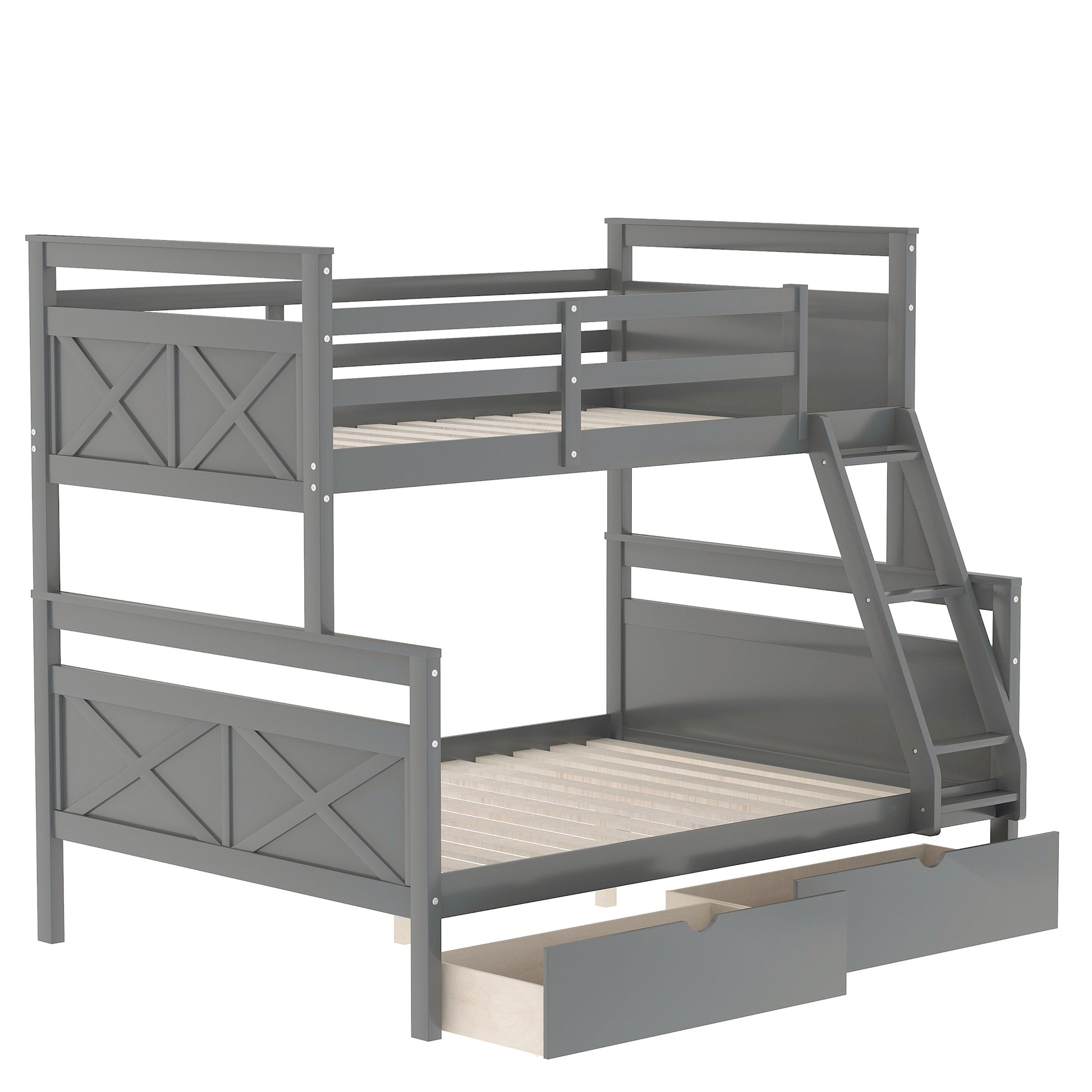 Twin Over Full Bunk Bed With Ladder, Two Storage Drawers, Safety Guardrail, Gray Twin Box Spring Not Required Gray Bedroom Bunk Pine