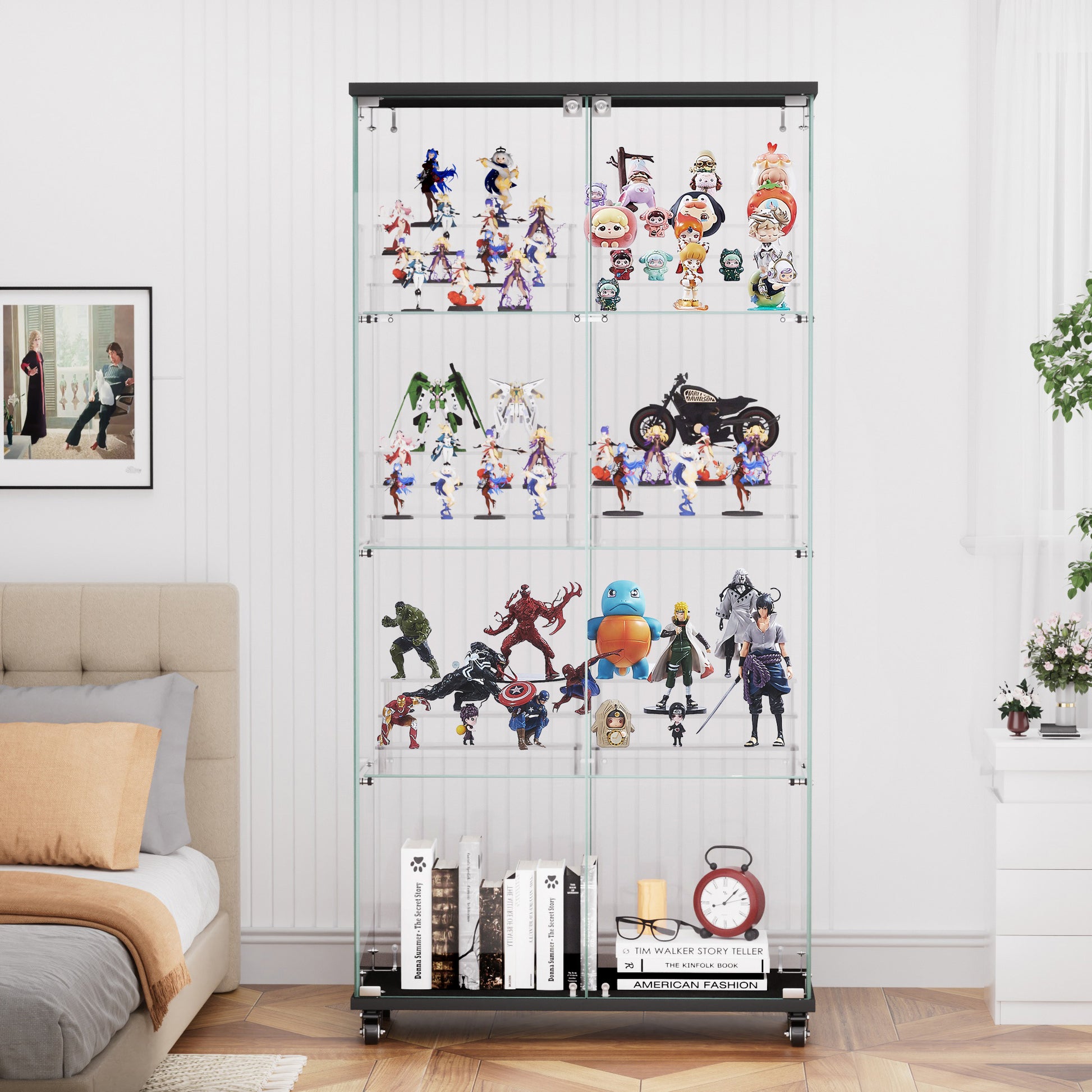 4 Tier Glass Display Cabinet, Double Door Glass Cabinet With Two Locks, Floor Standing Storage Cabinet With 6 Acrylic Shelves For Living Room, Bedroom And Office, Black, 31.5"L X 14.2"W X 65.1"H