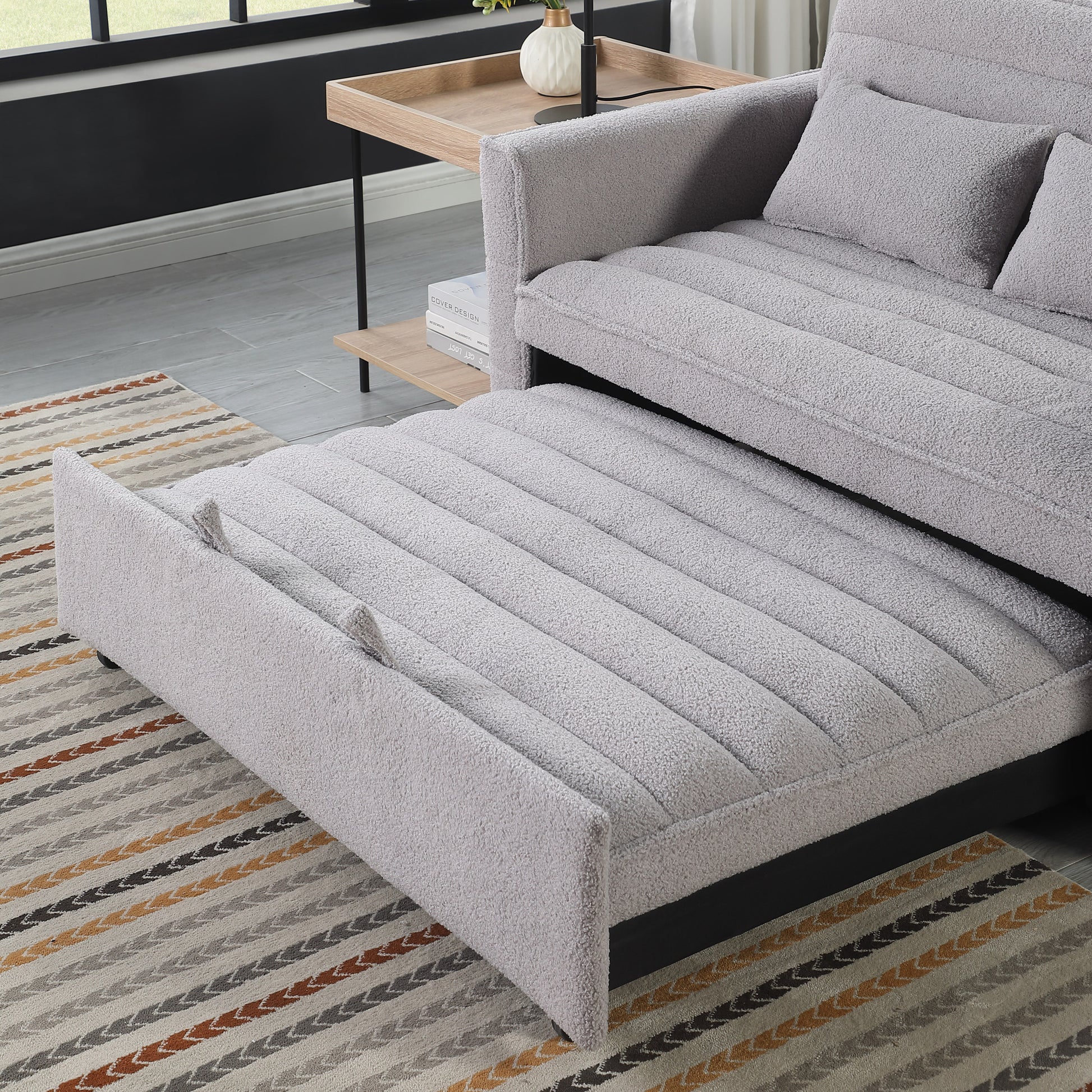 Soft Boucle Convertible Two Bedroom Sofa With Adjustable Back, 2 Seater Sofa, Pull Out Bed, 2 Waist Pillows For Small Living Rooms And Apartments Light Gray Boucle 2 Seat