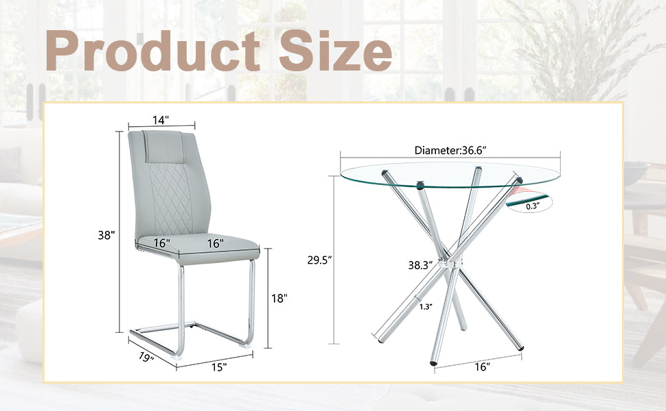 Table And Chair Set.36.6"Round Clear Glass Dining Table With A Unique Shape With Ring Shaped Gathered Silver Metal Legs.Paired With 4 Light Gray High Quality Pu Dining Chairs With Silver Metal Legs.