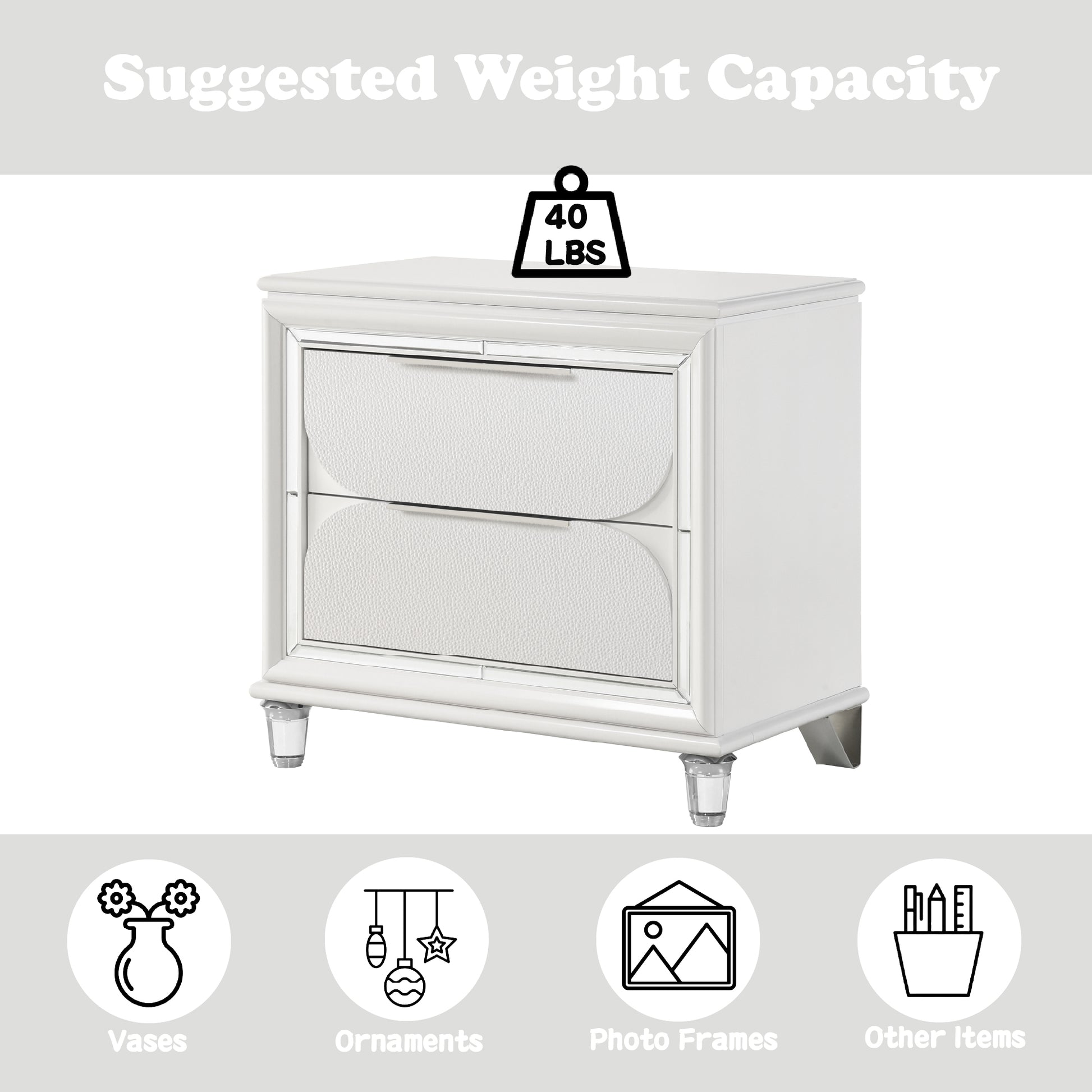 Tarian Pearl White Finish Nightstand White Acrylic,Synthetic Wood