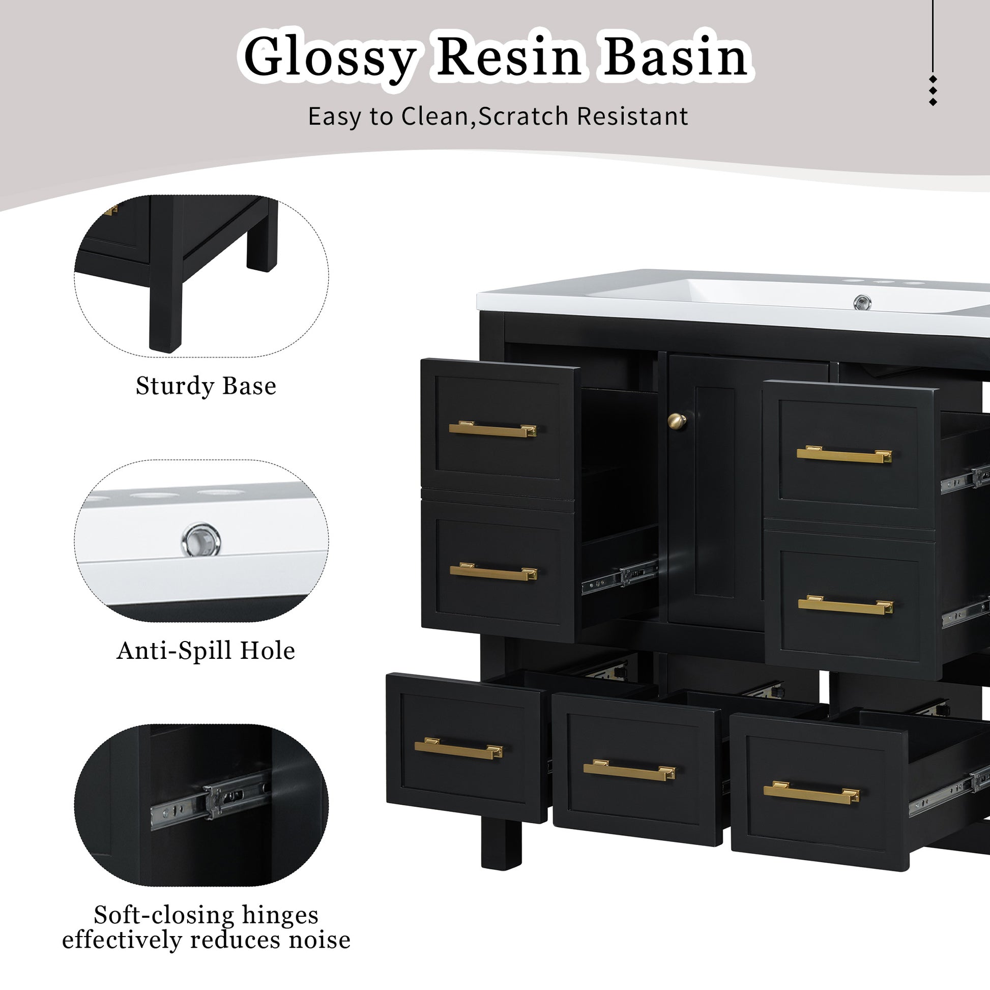 36'' Bathroom Vanity With Resin Sink Combo, Solid Wood Frame Bathroom Storage Cabinet, Freestanding Vanity Set With 5 Drawers& Soft Closing Doors Same As Sw000142Aab Black Bathroom Solid Wood Mdf Resin