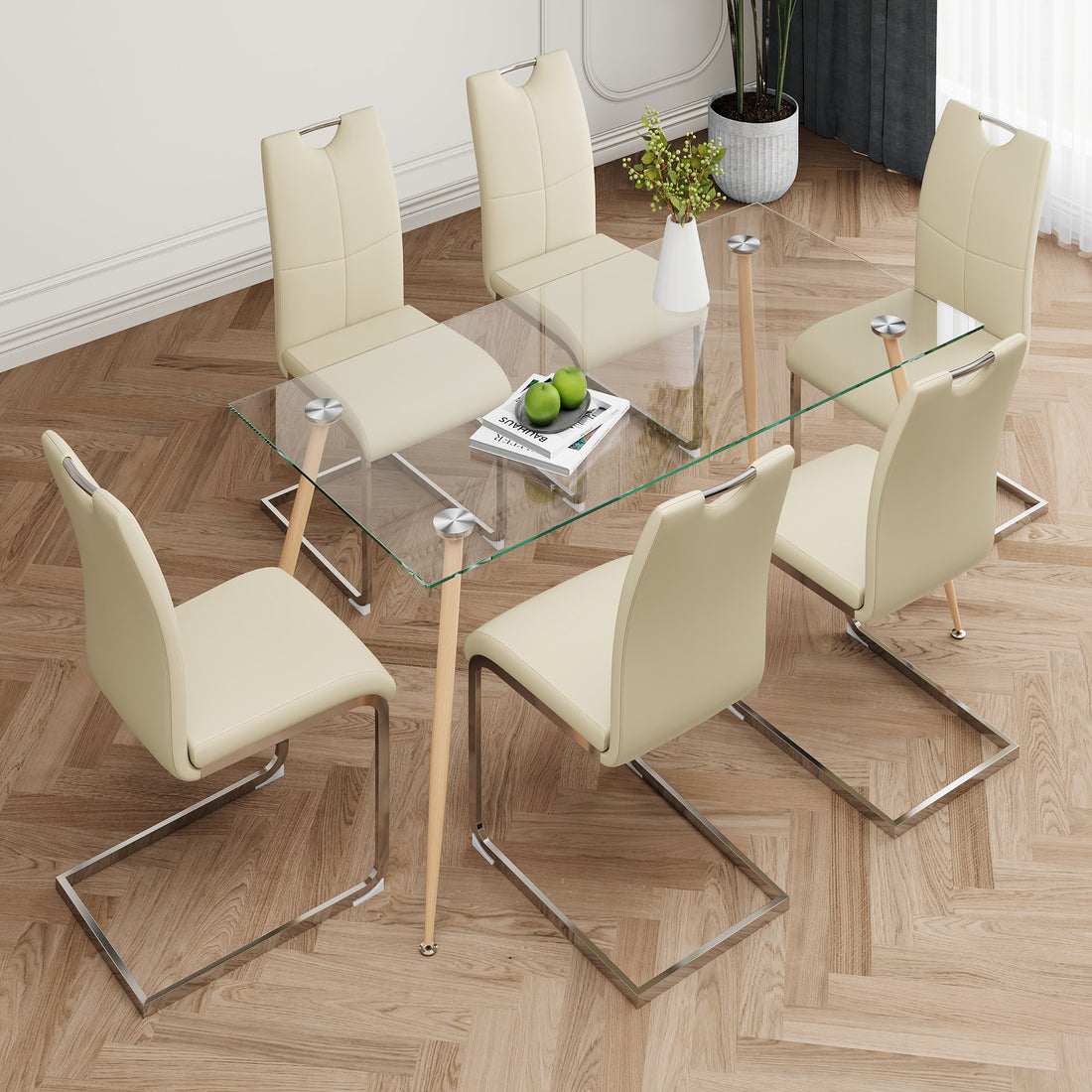 Modern Simple Rectangular Glass Dining Table, Solid Tempered Glass Countertop, Wood Transfer Metal Table Legs, Light Yellow Pu Dining Chair Set, Suitable For Restaurant Kitchen Use Set Of 7 Upholstered Chair Glass Light Yellow Seats 6 Metal Rectangular