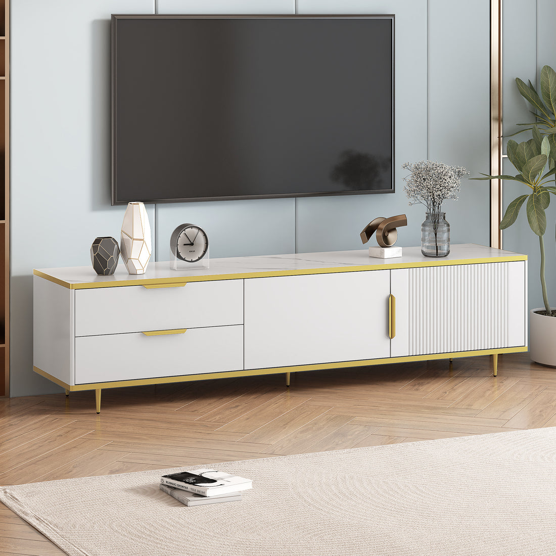 Modern Tv Stand For 65 Inch Tv, Entertainment Center Tv Media Console Table,With 2 Drawers And 2 Cabinets, Tv Console Cabinet Furniture For Living Room White 70 79 Inches Particle Board