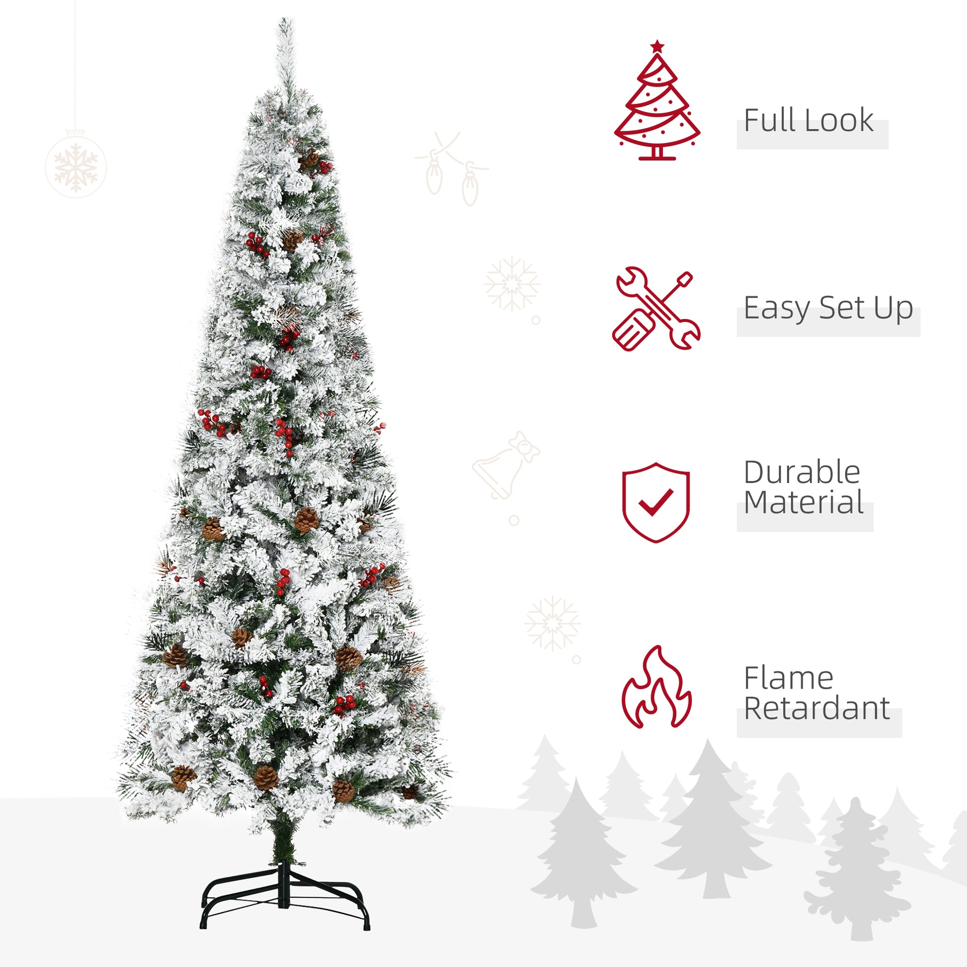 Homcom 6' Pencil Snow Flocked Artificial Christmas Tree With 600 Pine Realistic Branches, Pine Cones, Red Berries, Auto Open, Green Green Plastic