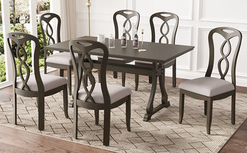 Retro 7 Piece Trestle Dining Table Set With Upholstered Dining Chairs, Smooth Dining Backs For Dining Room, Living Room, Kitchen, Gray Upholstered Chair Wood Gray Seats 6 Wood Dining Room Solid Wood Rubberwood Trestle Rectangular Foam Dining Table With