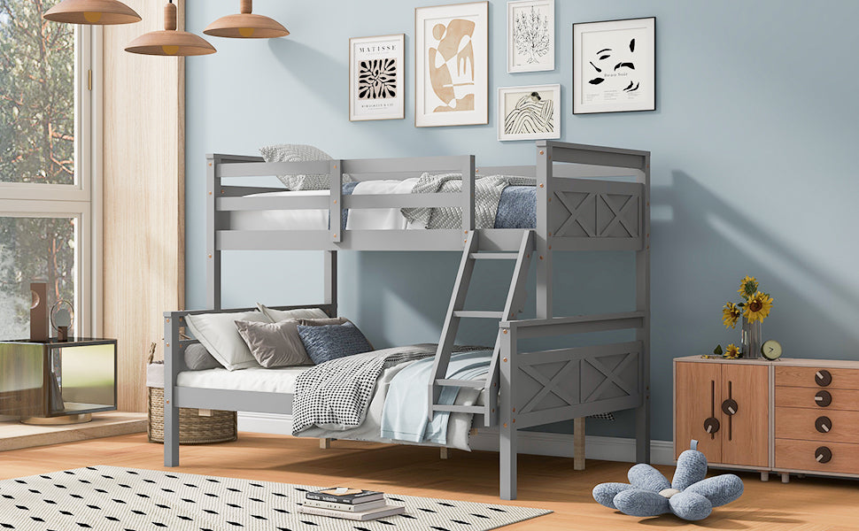 Twin Over Full Bunk Bed With Ladder, Safety Guardrail, Perfect For Bedroom, Gray Box Spring Not Required Twin Gray Wood Bedroom Bunk Pine