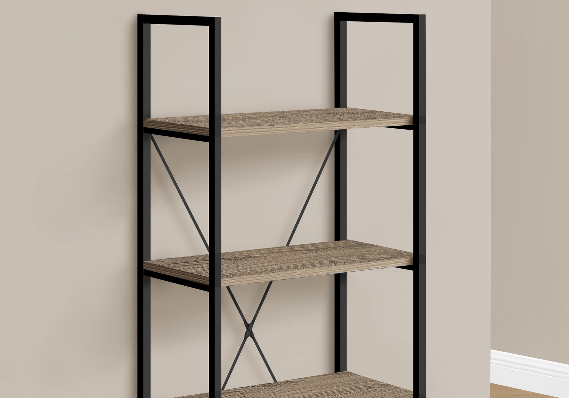 Bookshelf, Bookcase, 4 Tier, 48"H, Office, Bedroom, Brown Laminate, Black Metal, Contemporary, Modern Taupe Particle Board