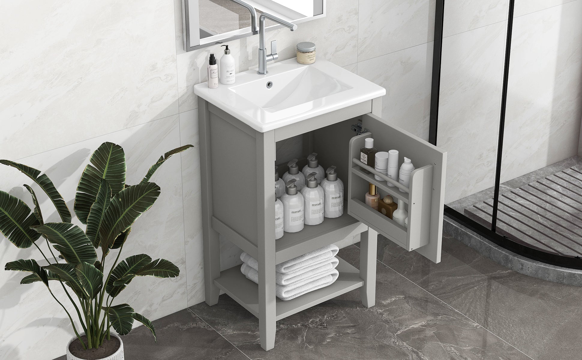 20" Bathroom Vanity With Sink, Bathroom Cabinet With Soft Closing Door, Storage Rack And Open Shelf, Grey Grey Solid Wood Mdf