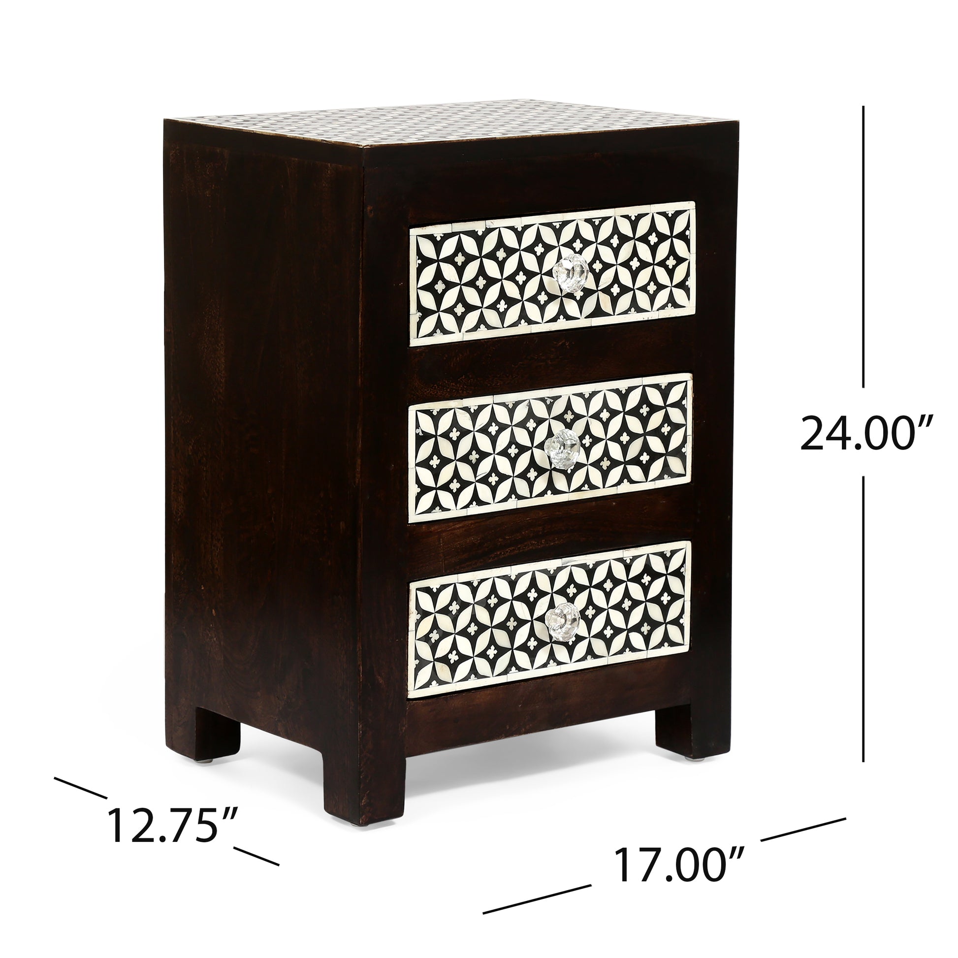 Wooden 3 Drawer Bone Fitted Nightstand Black Dark Walnut Wood