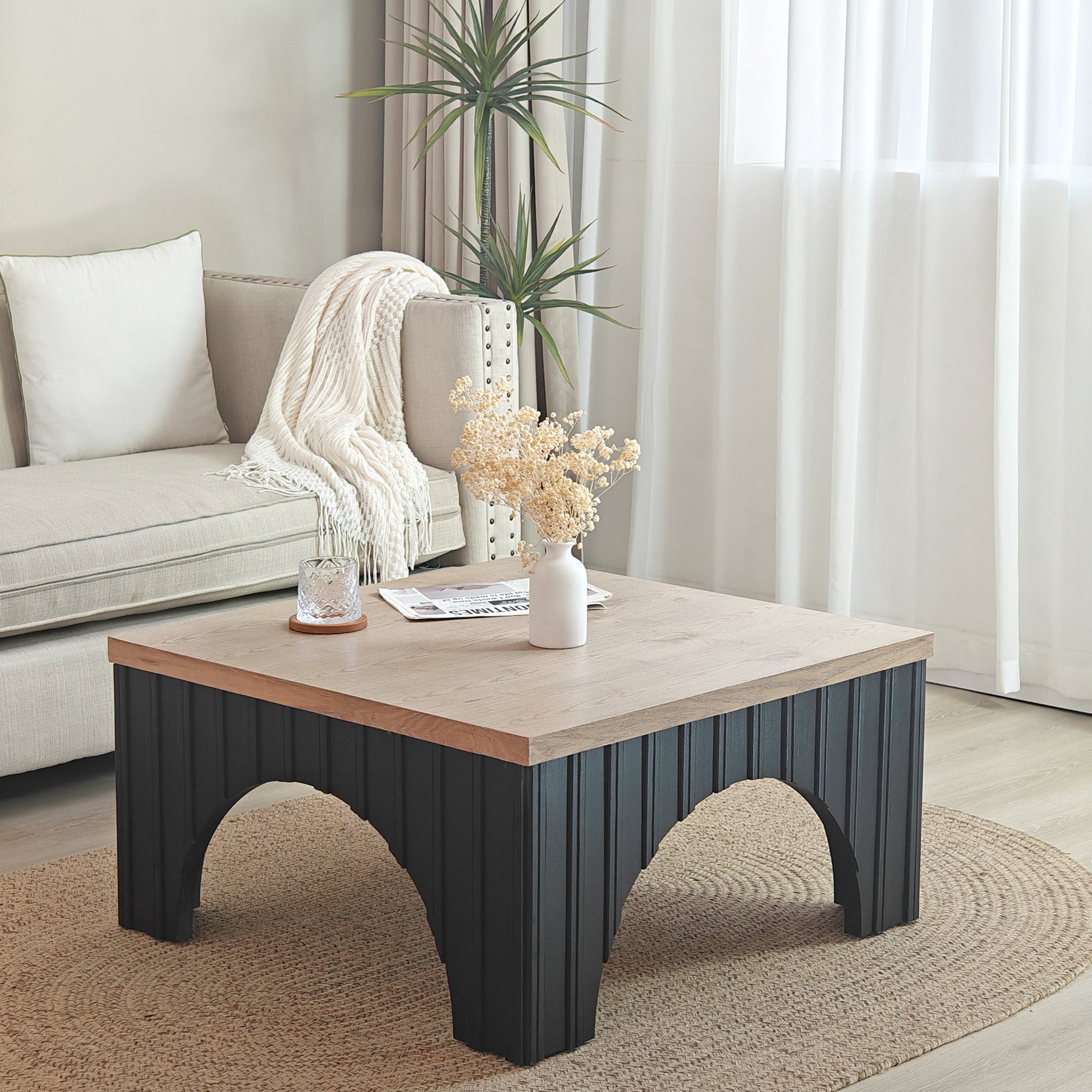 Modern Rustic Wooden Coffee Table With Black Base Solid Wood Top And Arch Design Legs, Perfect For Living Room, Office, Or Lounge Black Multi,Multicolor,Natural,Natural Multi,Natural Wood Nature