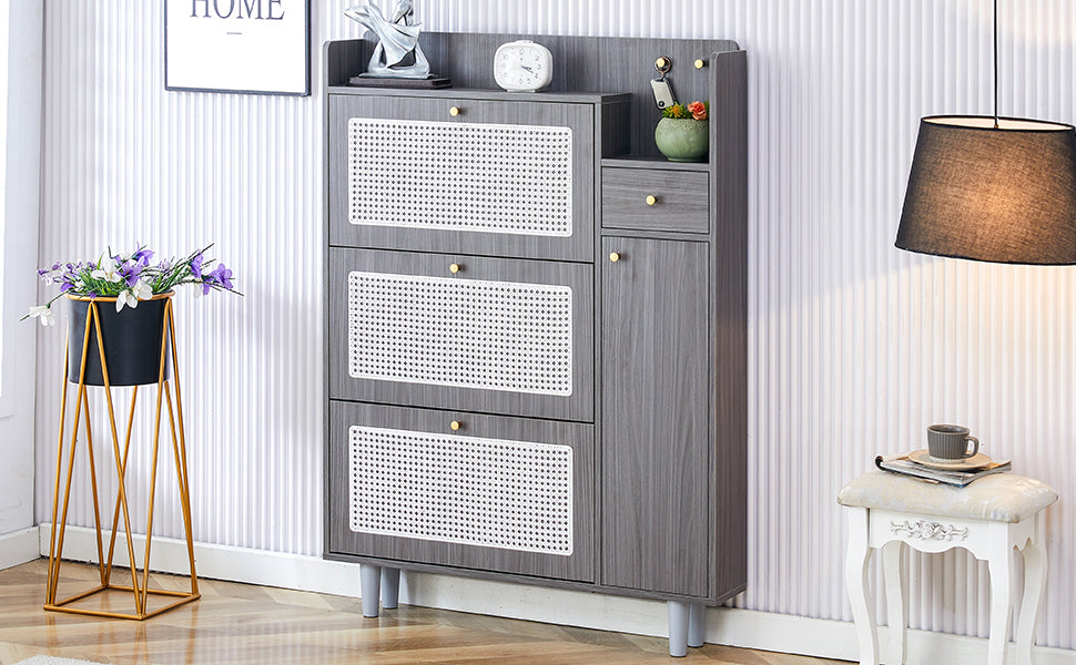 Modern Minimalist Storage Cabinet, Japanese Rattan Shoe Cabinet, Bed Top Cabinet, Small Home Furniture. Suitable For Corridors And Living Rooms. Gz Di 03 Gray Mdf